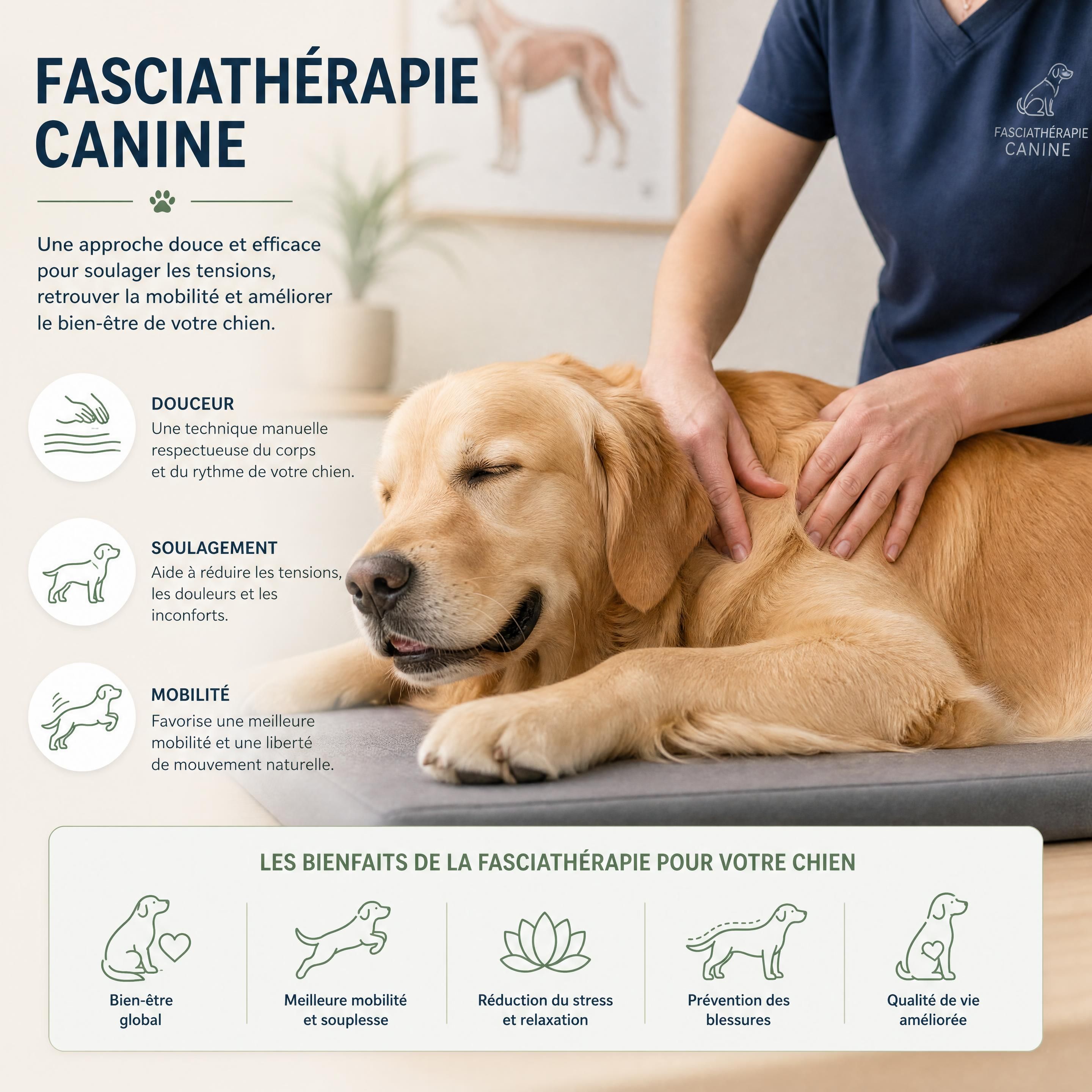 Chien golden retriever détendu recevant un massage myofascial de fasciathérapie canine pour soulager ses tensions et retrouver sa mobilité