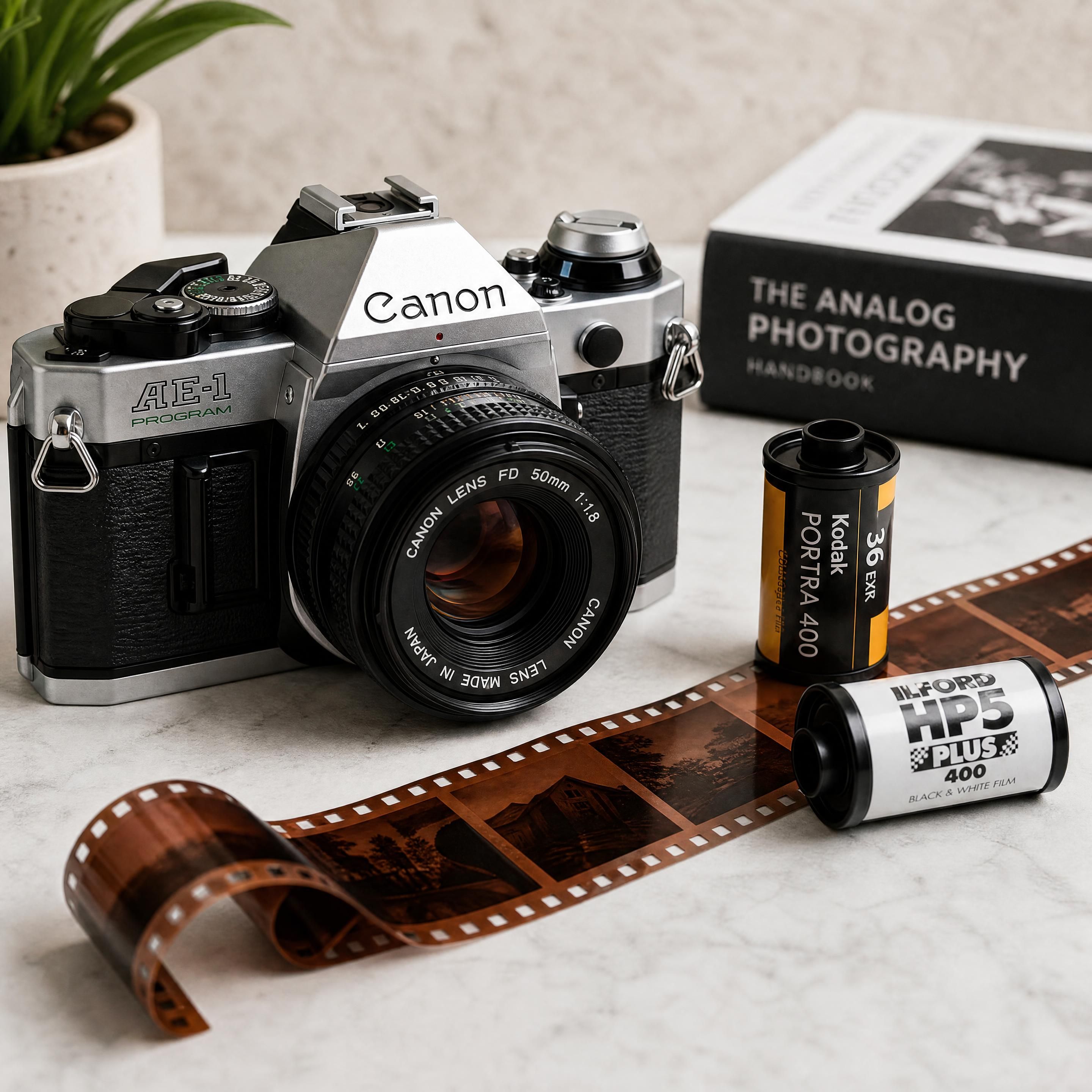 Una cámara clásica de película de 35 mm junto a rollos de película y negativos fotográficos, fotografiada con un elegante estilo editorial.