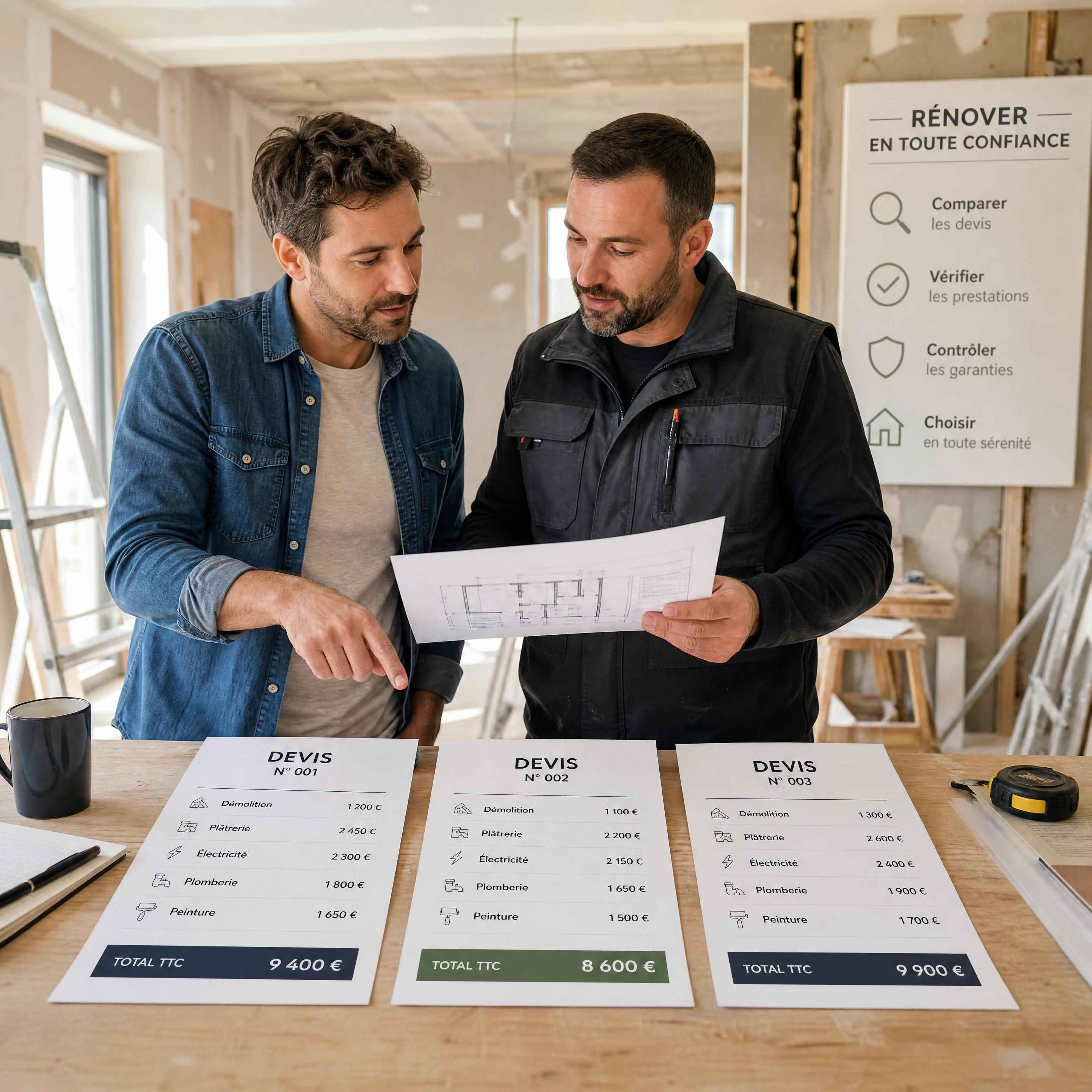 propriétaire comparant des devis de rénovation avec un entrepreneur dans une maison en travaux