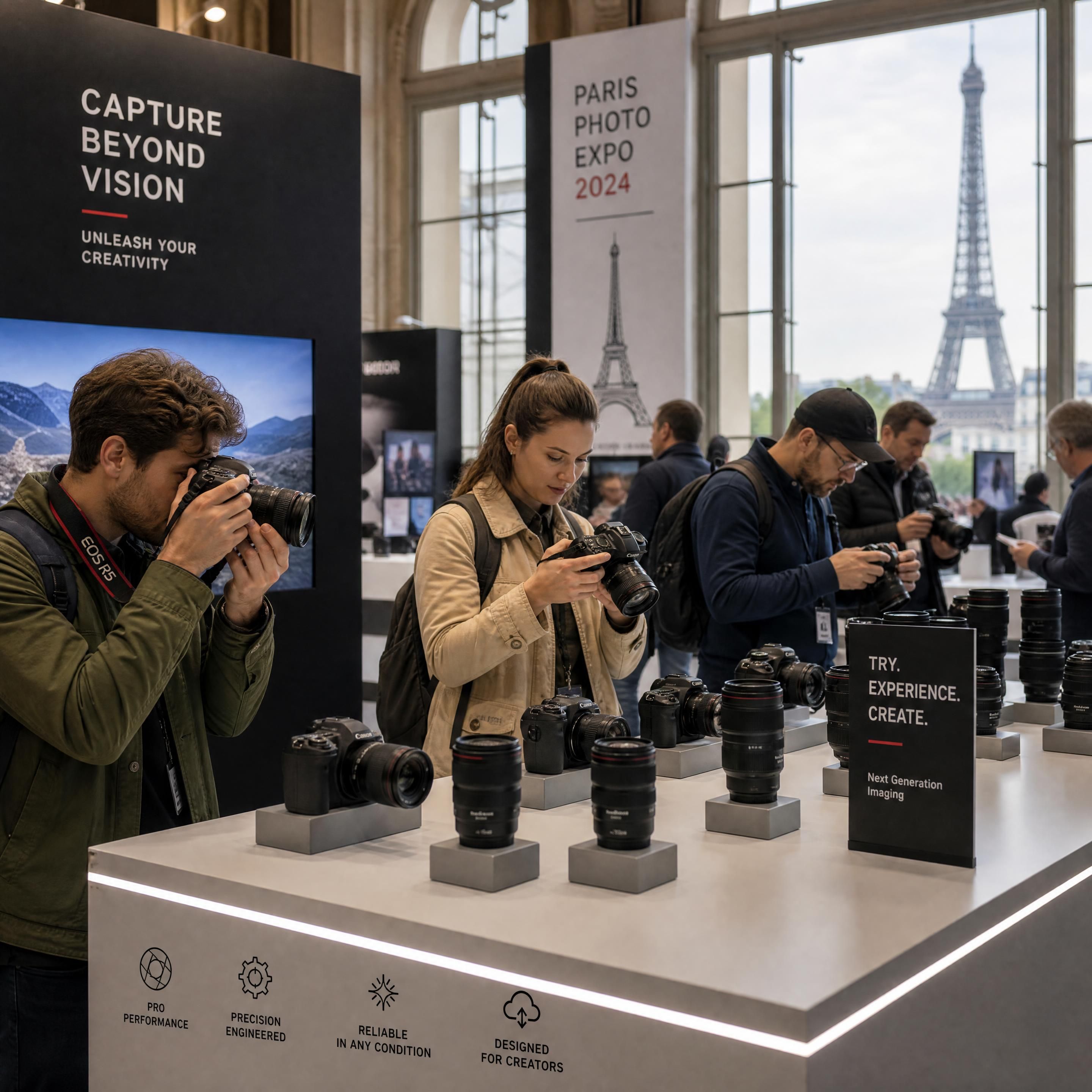 Des photographes testent des appareils photo et des objectifs modernes lors d'un salon professionnel de la photographie à Paris