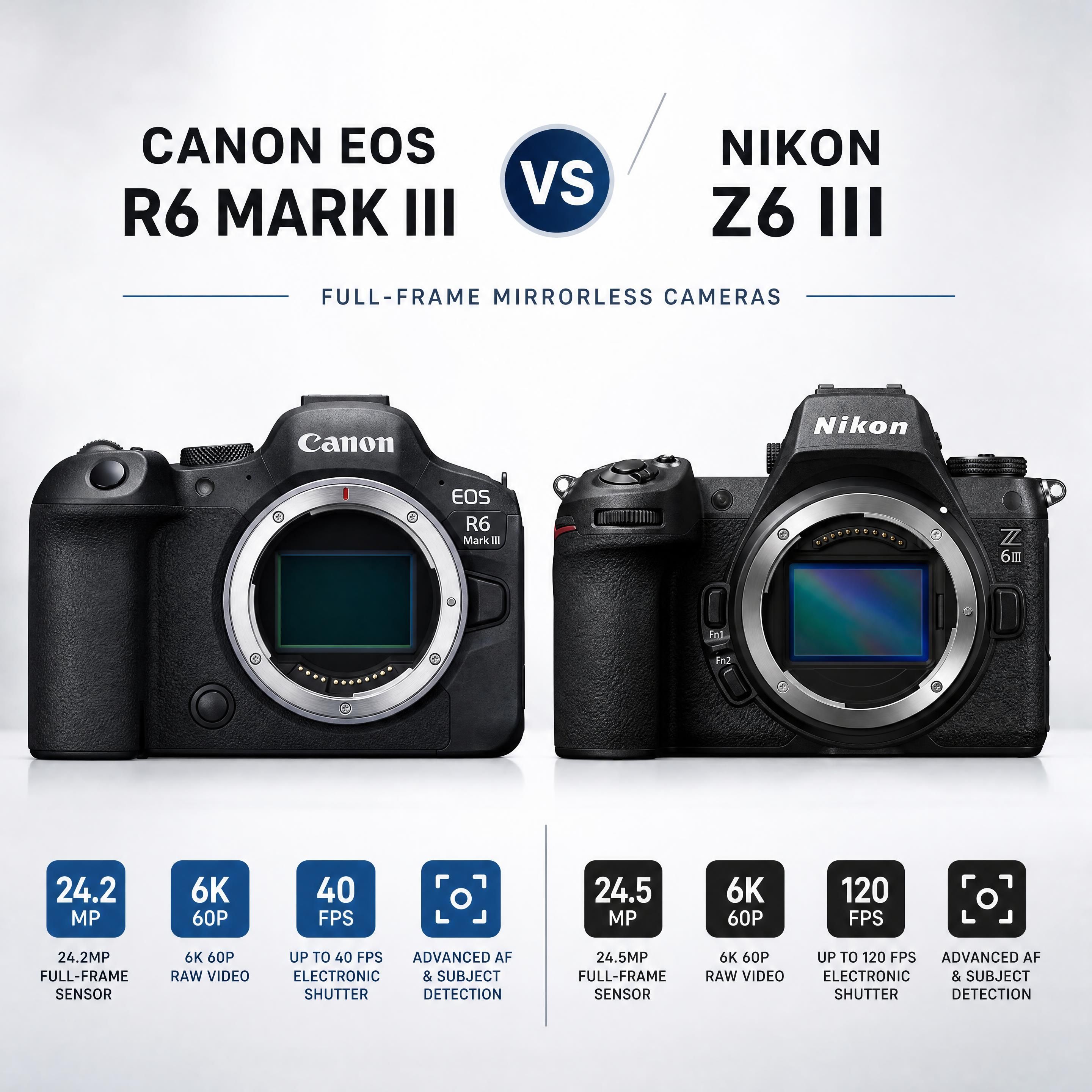 Vista frontal comparativa de las cámaras sin espejo Canon EOS R6 Mark III y Nikon Z6 III
