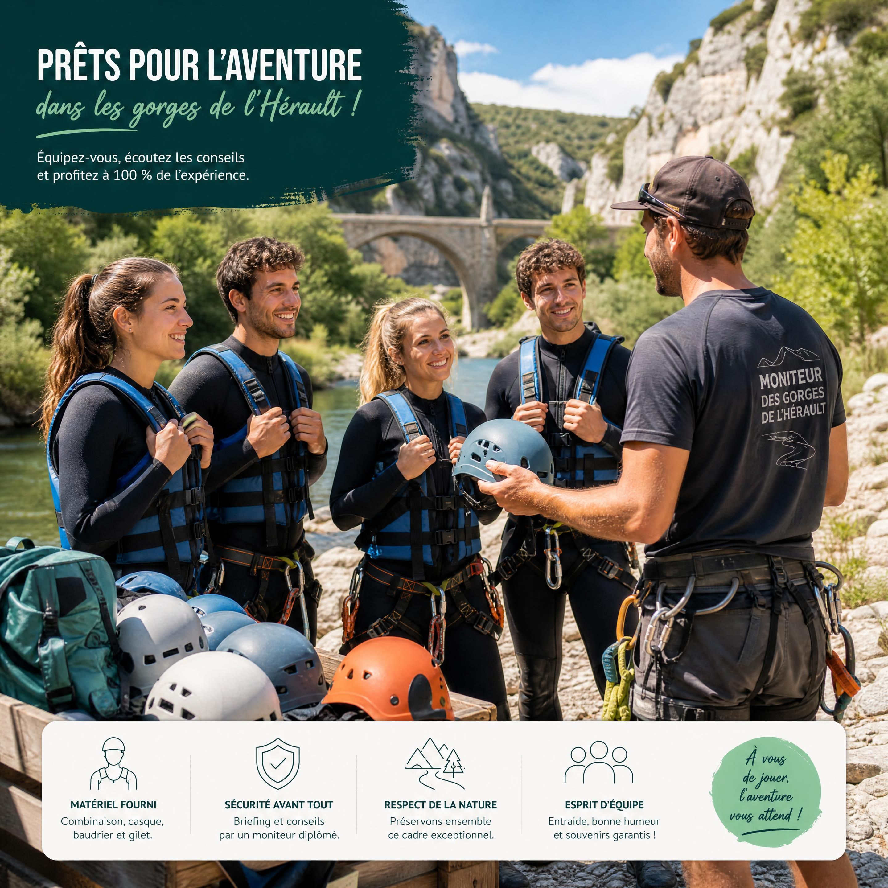 Groupe d'amis s'équipant pour une activité outdoor dans les gorges de l'Hérault avec un moniteur