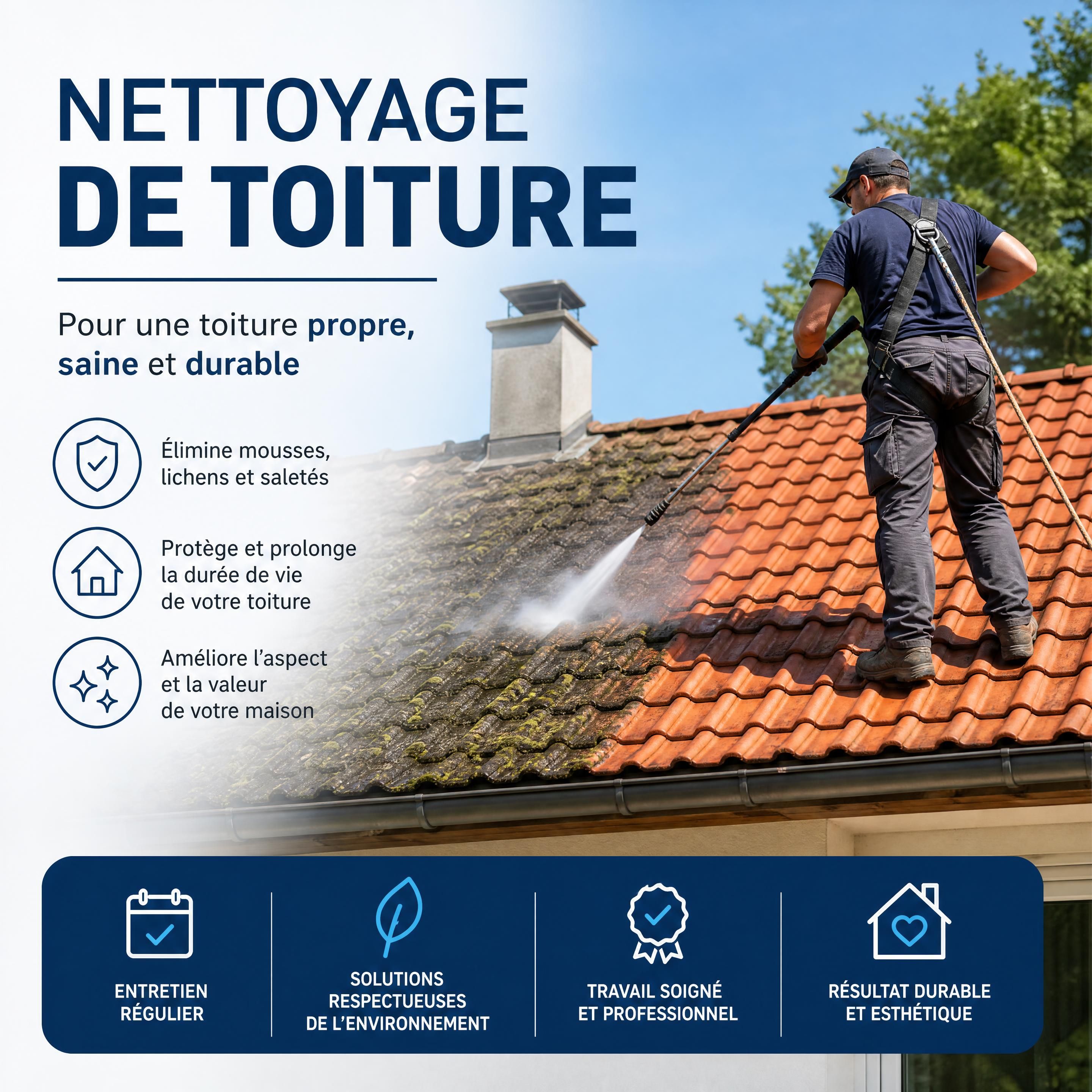 Toiture en tuiles d’une maison girondine après démoussage et application d’un traitement hydrofuge