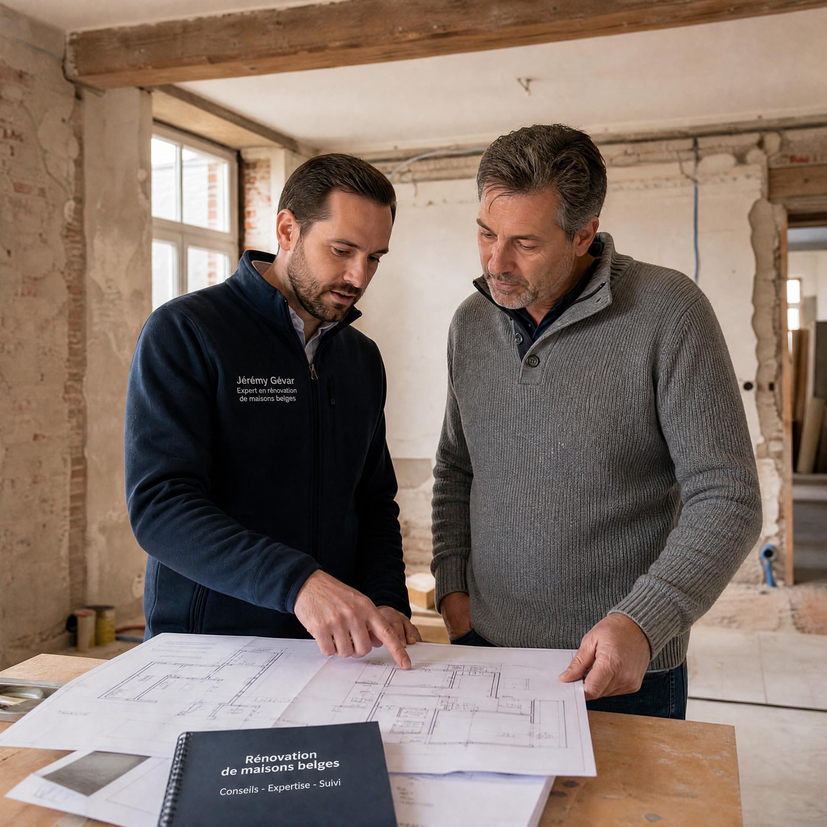 Jérémy Gévar dans une maison belge en rénovation, consultant les plans et l’état du bâtiment avec un propriétaire, photo réaliste et professionnelle