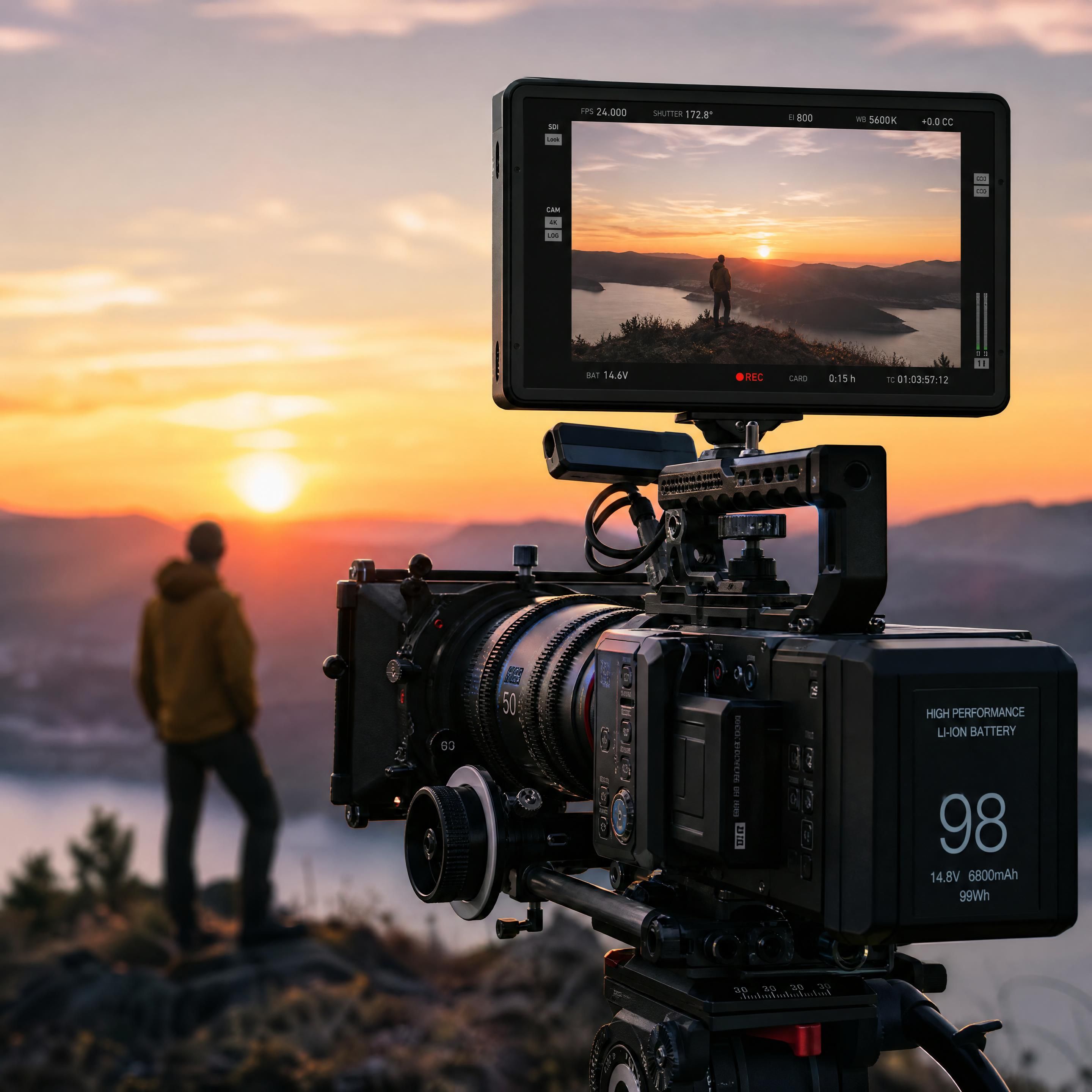 A close-up of a camera mounted on a professional video rig, filming a cinematic outdoor scene during sunset