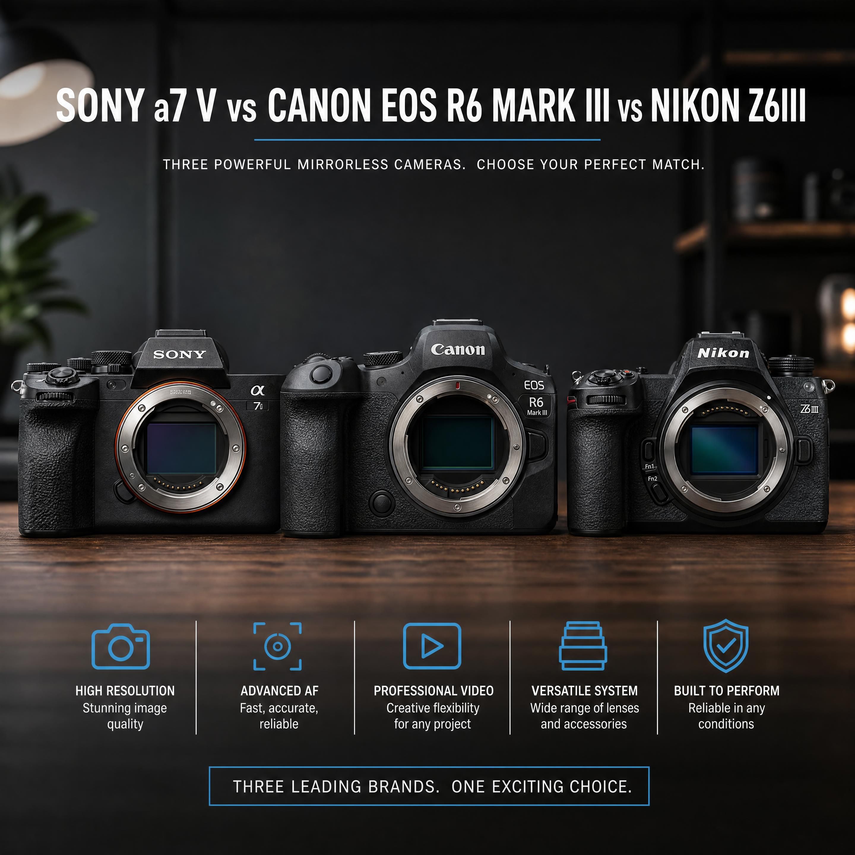 A professional studio setup showing the Sony a7 V, Canon EOS R6 Mark III, and Nikon Z6III mirrorless cameras side-by-side on a dark wooden table