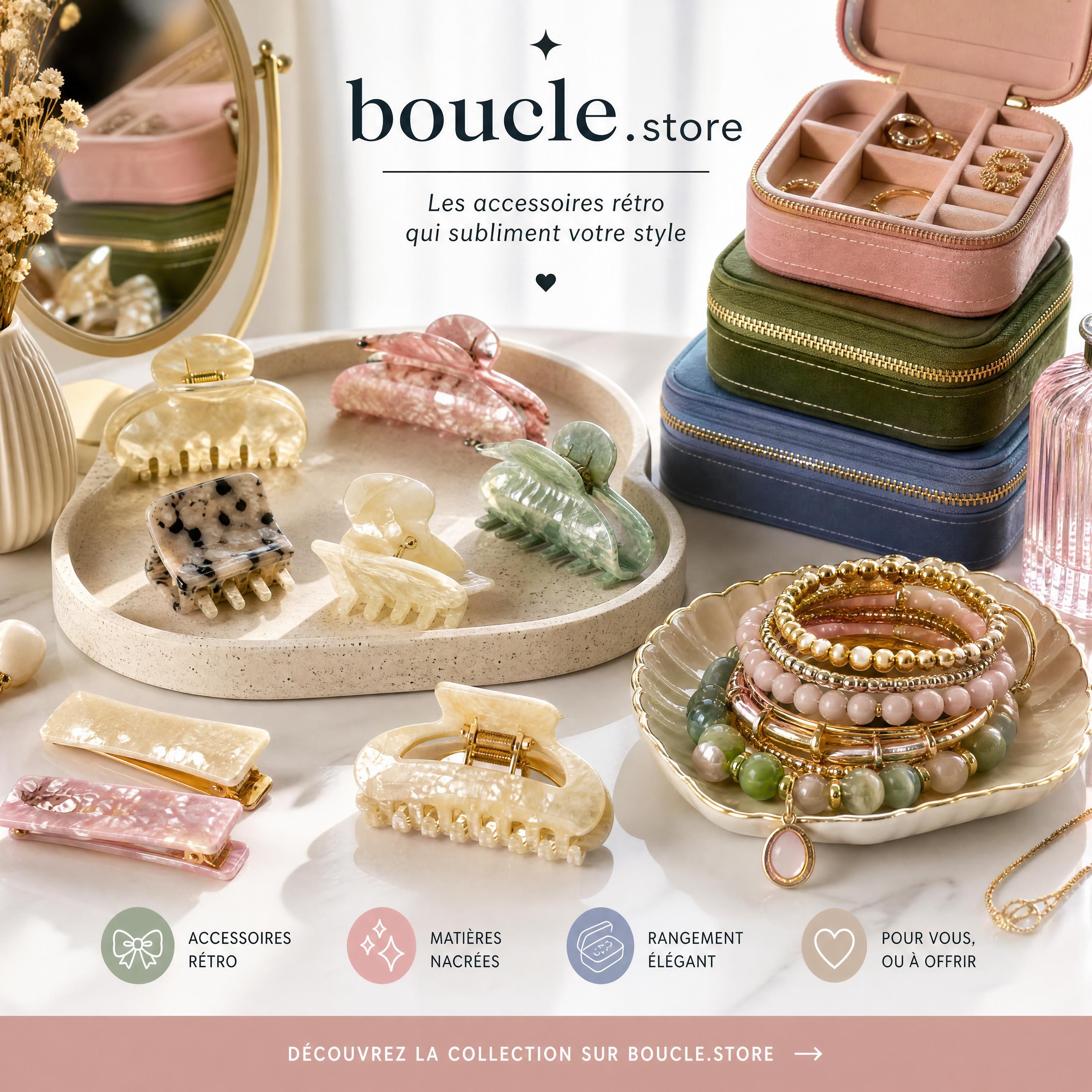 Une collection de pinces à cheveux nacrées de style rétro, de bracelets empilés et de boites à bijoux colorées disposés de manière esthétique sur une coiffeuse lumineuse, boucle.store