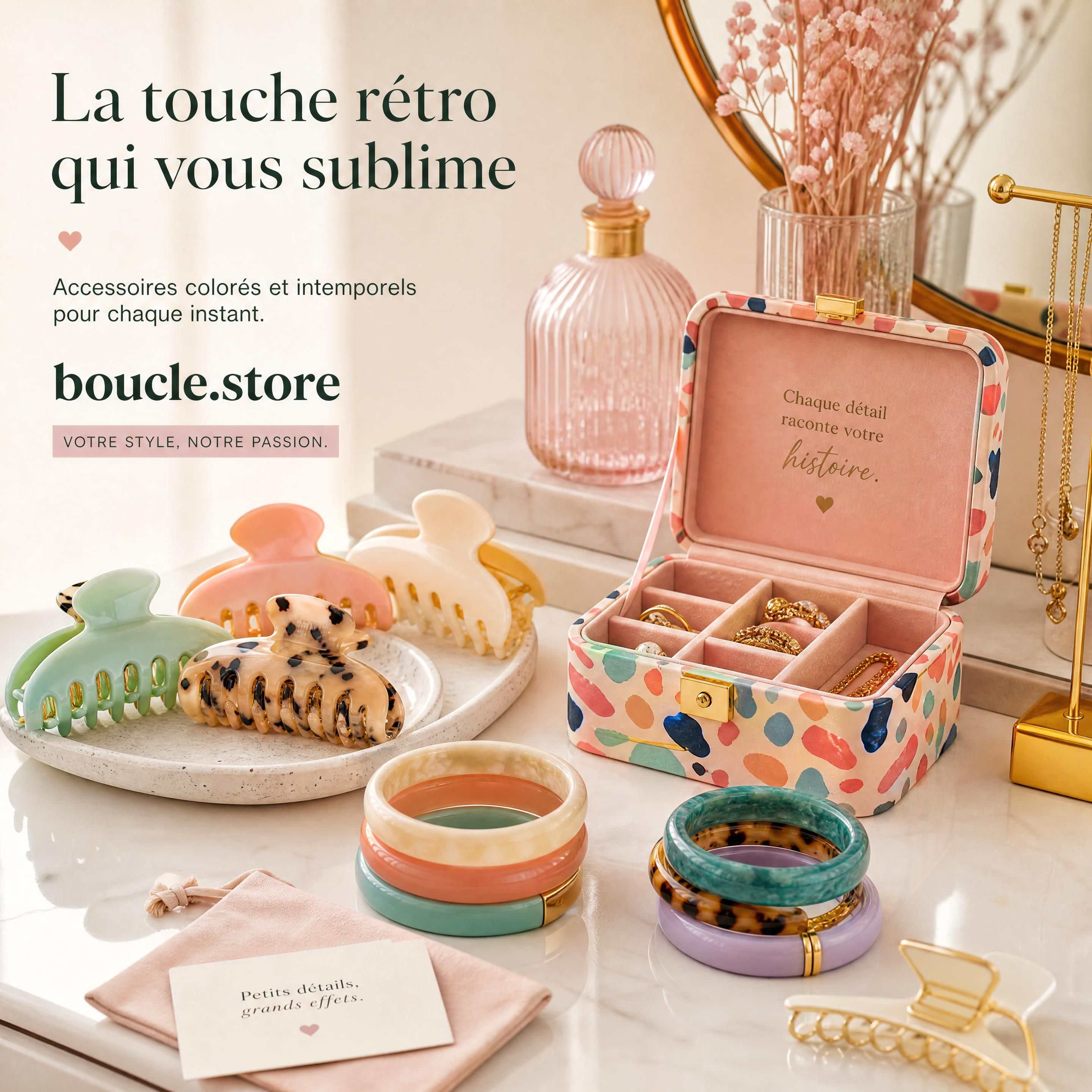 Une collection d'accessoires de mode colorés et rétro de boucle.store, incluant des pinces à cheveux en acétate de cellulose pastel, des bracelets empilés et une boîte à bijoux colorée disposés sur une coiffeuse lumineuse