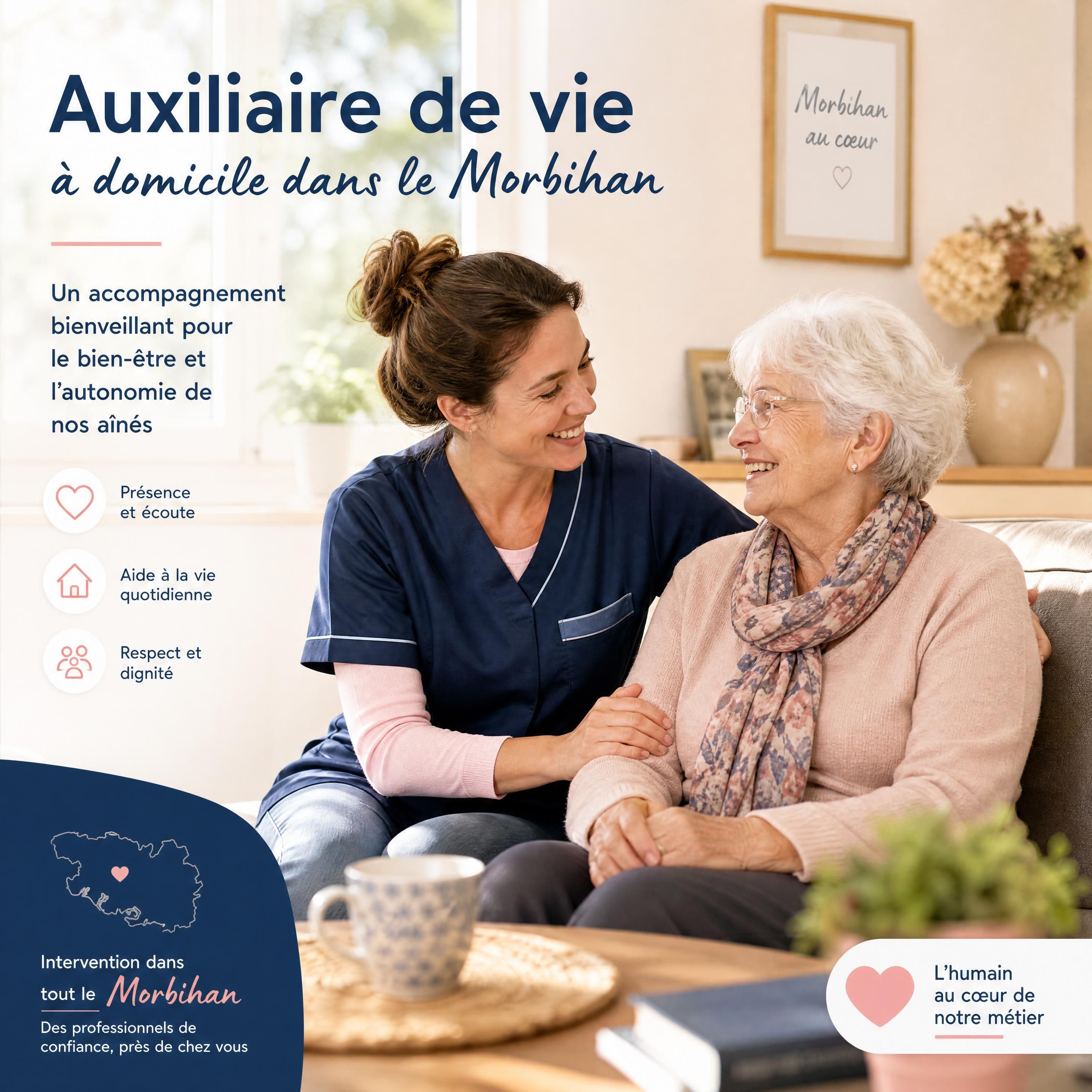 auxiliaire de vie accompagnant une personne âgée à domicile dans le Morbihan, ambiance chaleureuse et rassurante