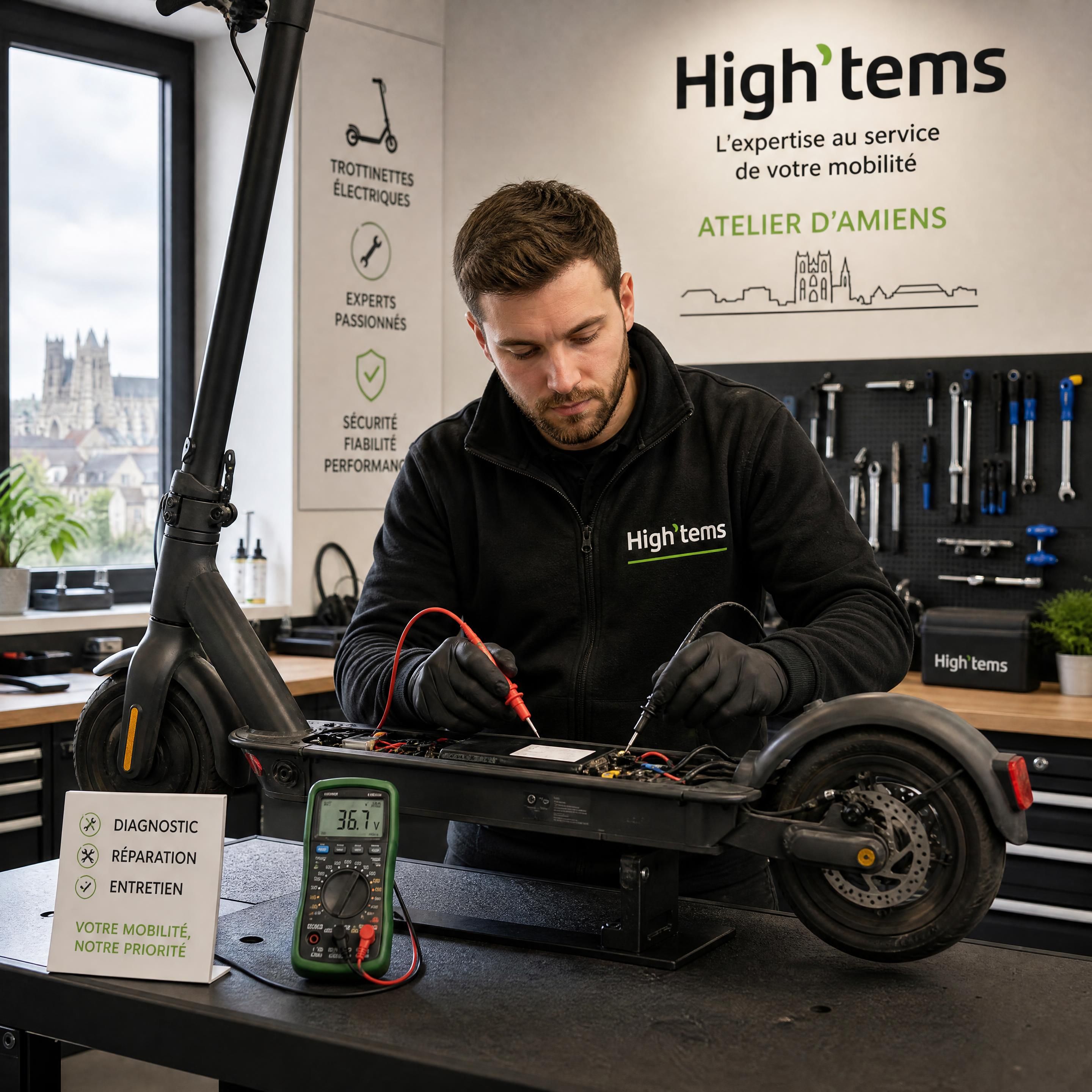 Technicien High'tems réalisant le diagnostic d’une trottinette électrique dans l’atelier d’Amiens