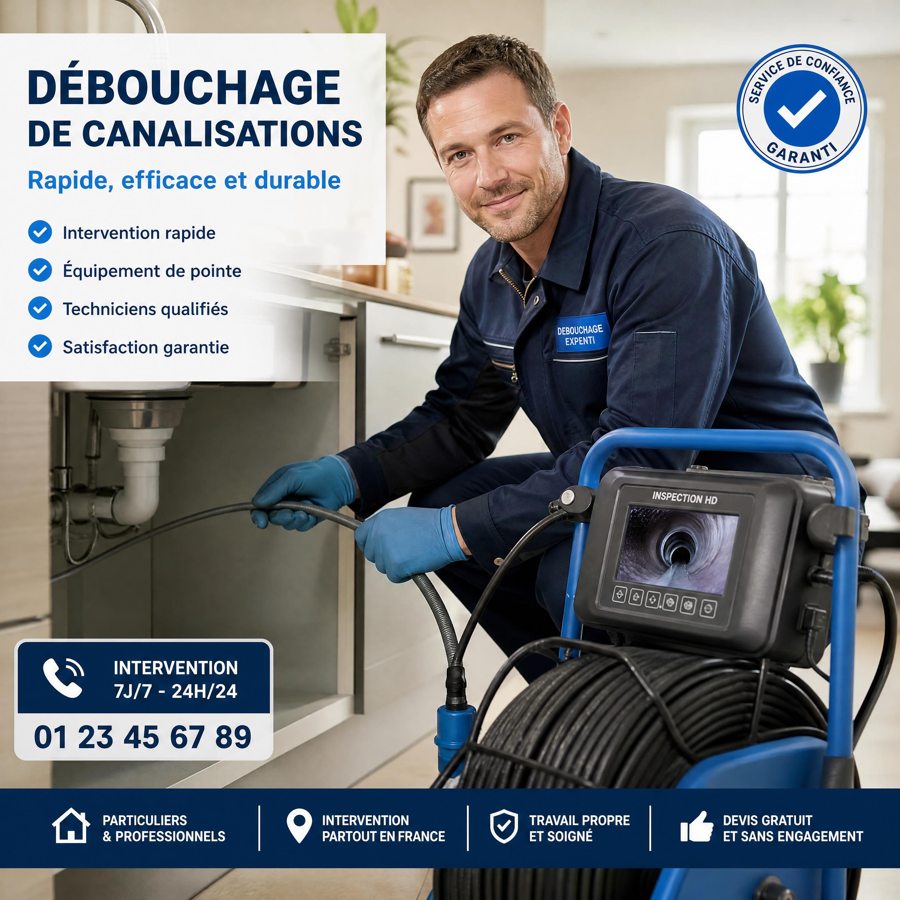 Technicien réalisant une inspection caméra dans une canalisation bouchée en Loire-Atlantique