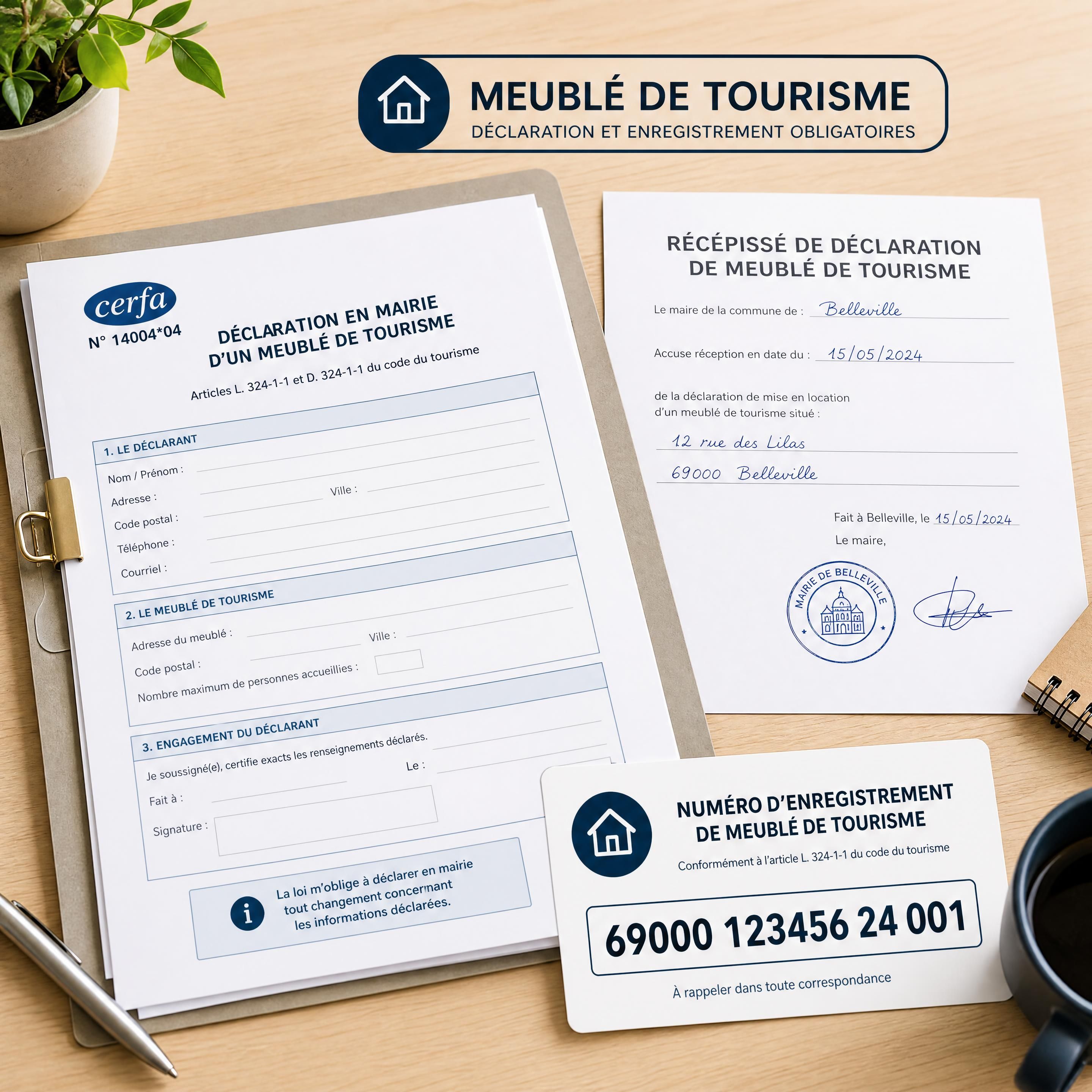 dossier papier avec Cerfa 14004, récépissé de mairie et numéro d’enregistrement d’un meublé de tourisme