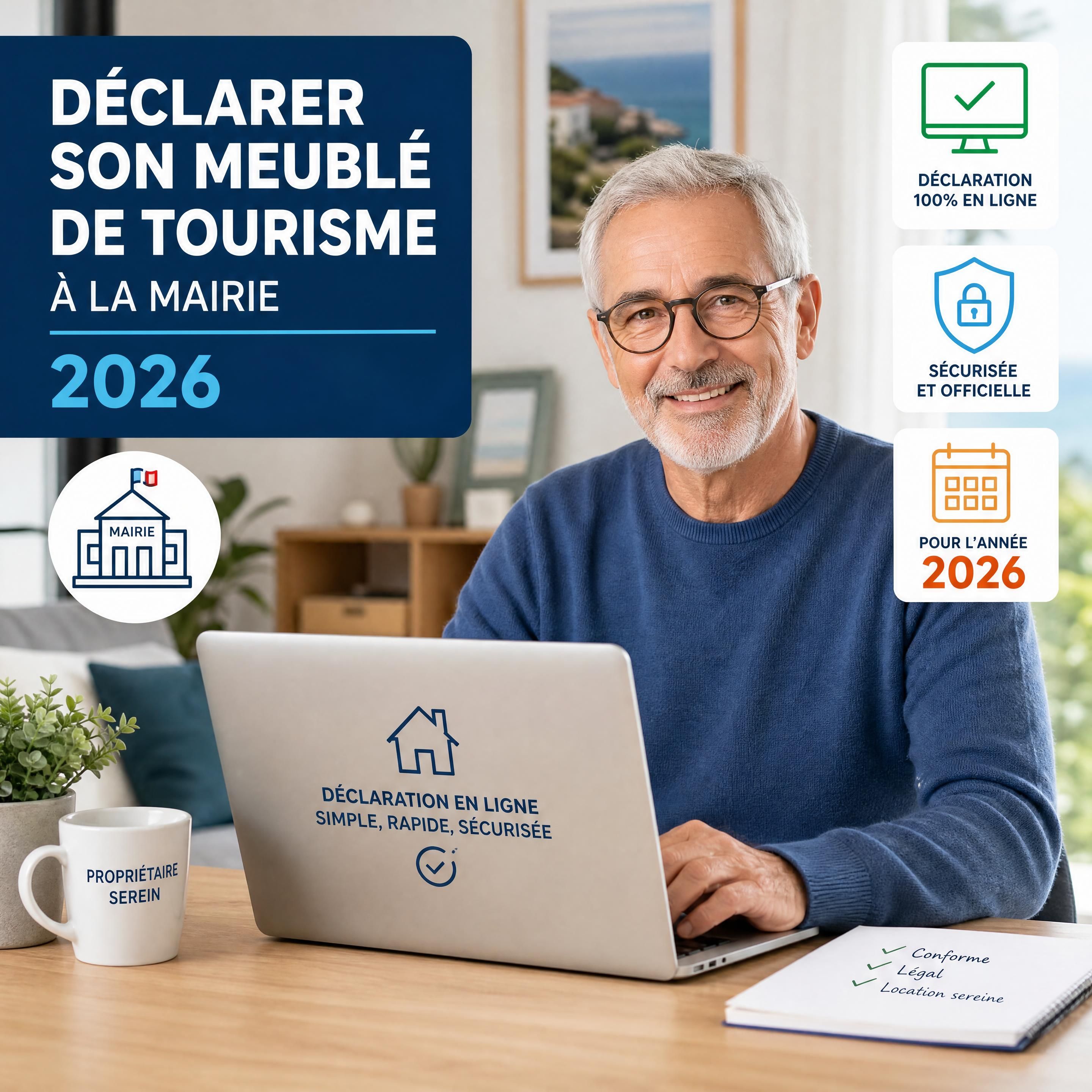 Un propriétaire senior de 60 ans souriant devant son ordinateur en train de déclarer meublé de tourisme mairie 2026