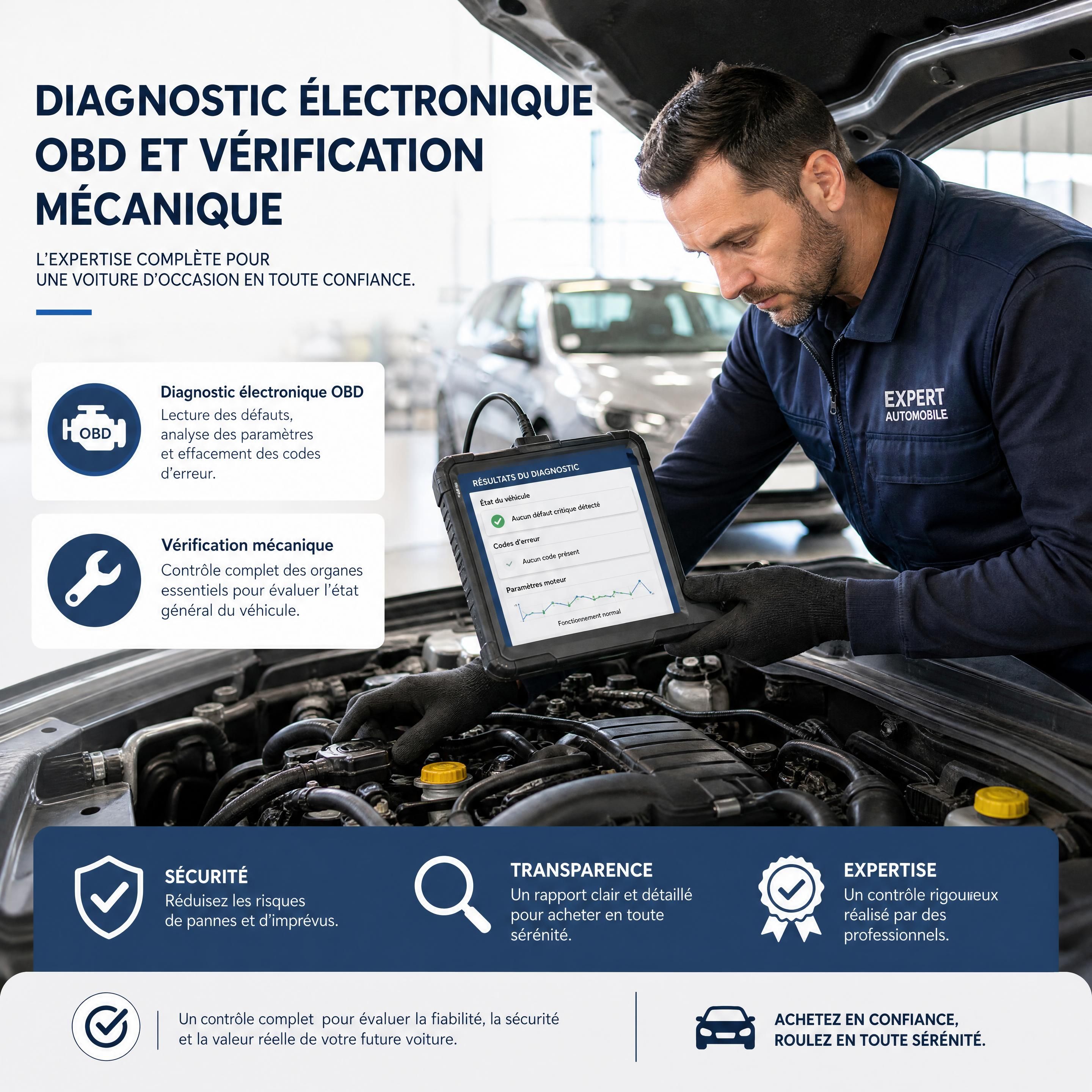 Diagnostic électronique OBD et vérification mécanique sous le capot d'une voiture d'occasion par un expert