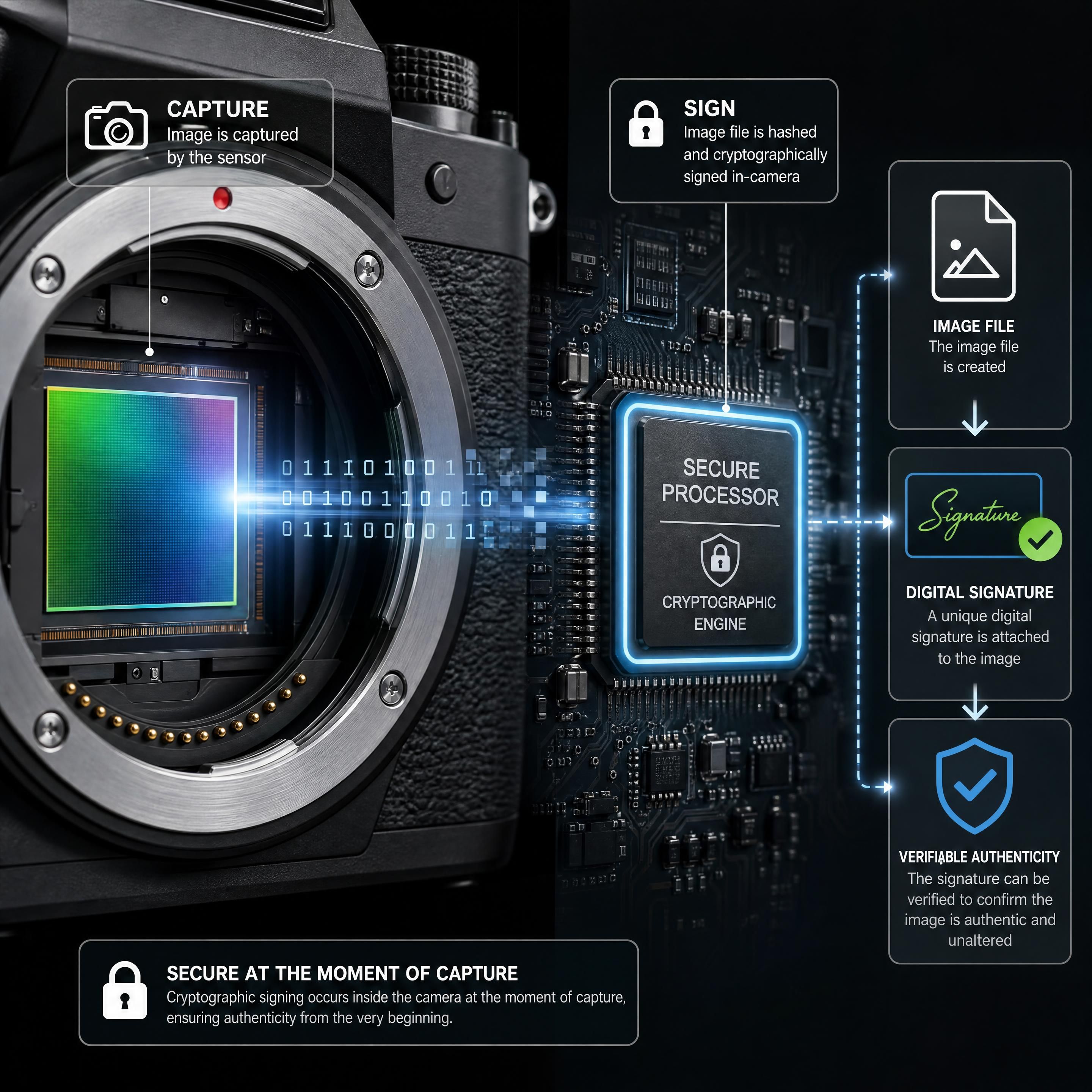 Close-up of a mirrorless camera sensor and processor, illustrating the secure cryptographic signing of image files at the moment of capture