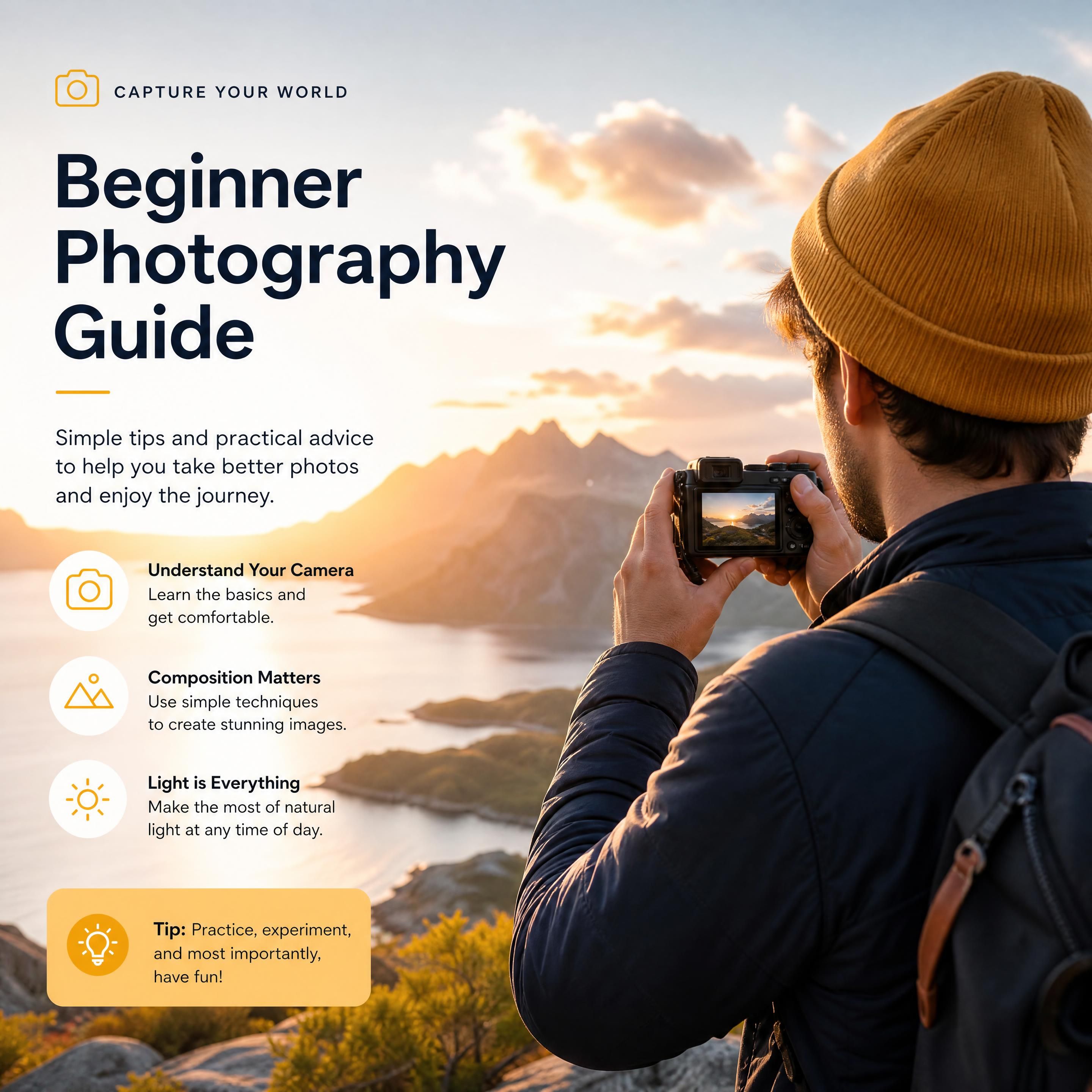 A beginner photographer holding a modern compact mirrorless camera, framing a beautiful outdoor landscape shot during the golden hour