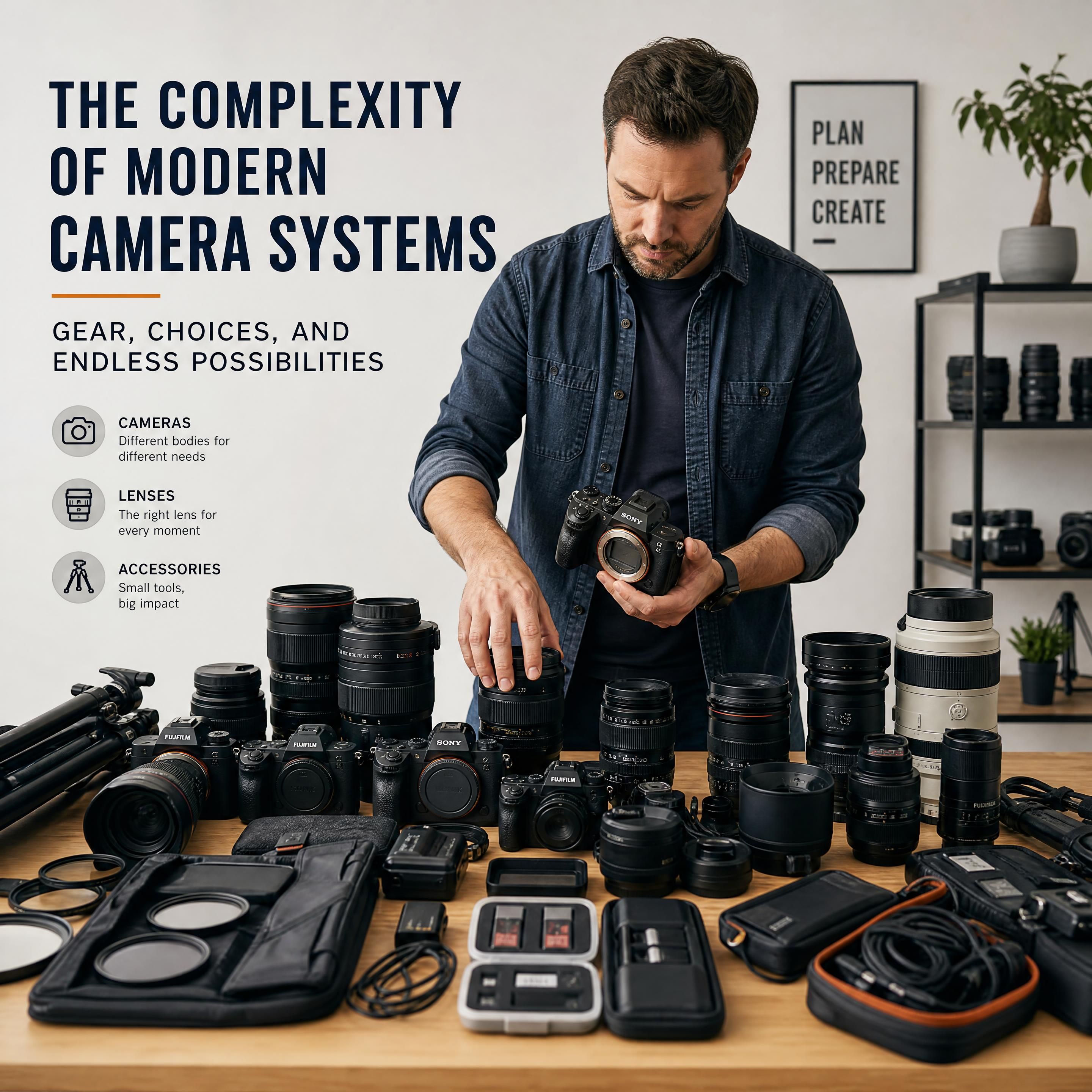 A professional photographer organizing a vast collection of mirrorless cameras, lenses, and photography equipment on a table, highlighting the complexity of modern camera systems.