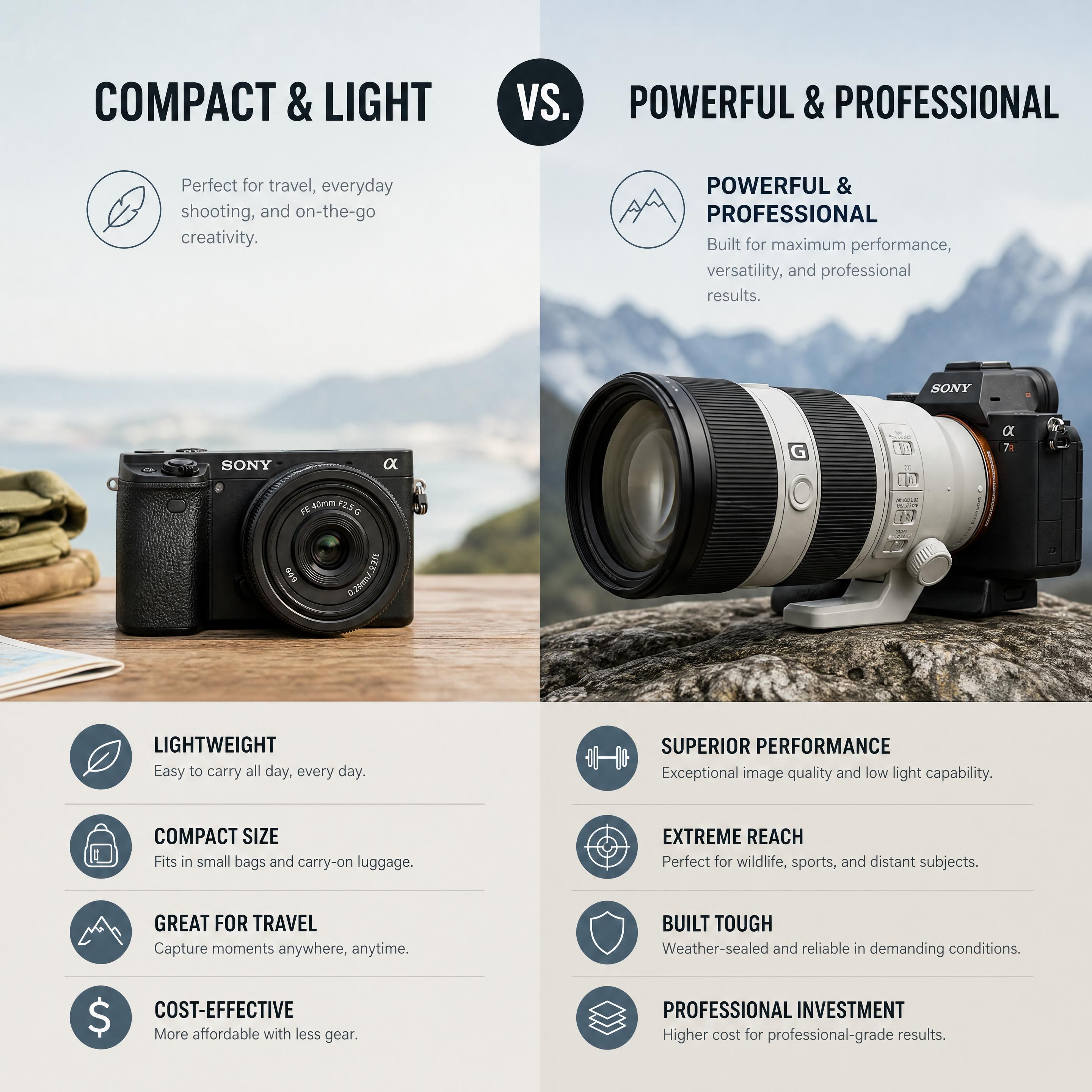 A side-by-side comparison of a compact travel mirrorless camera with a small prime lens next to a bulky professional mirrorless setup with a heavy telephoto lens.