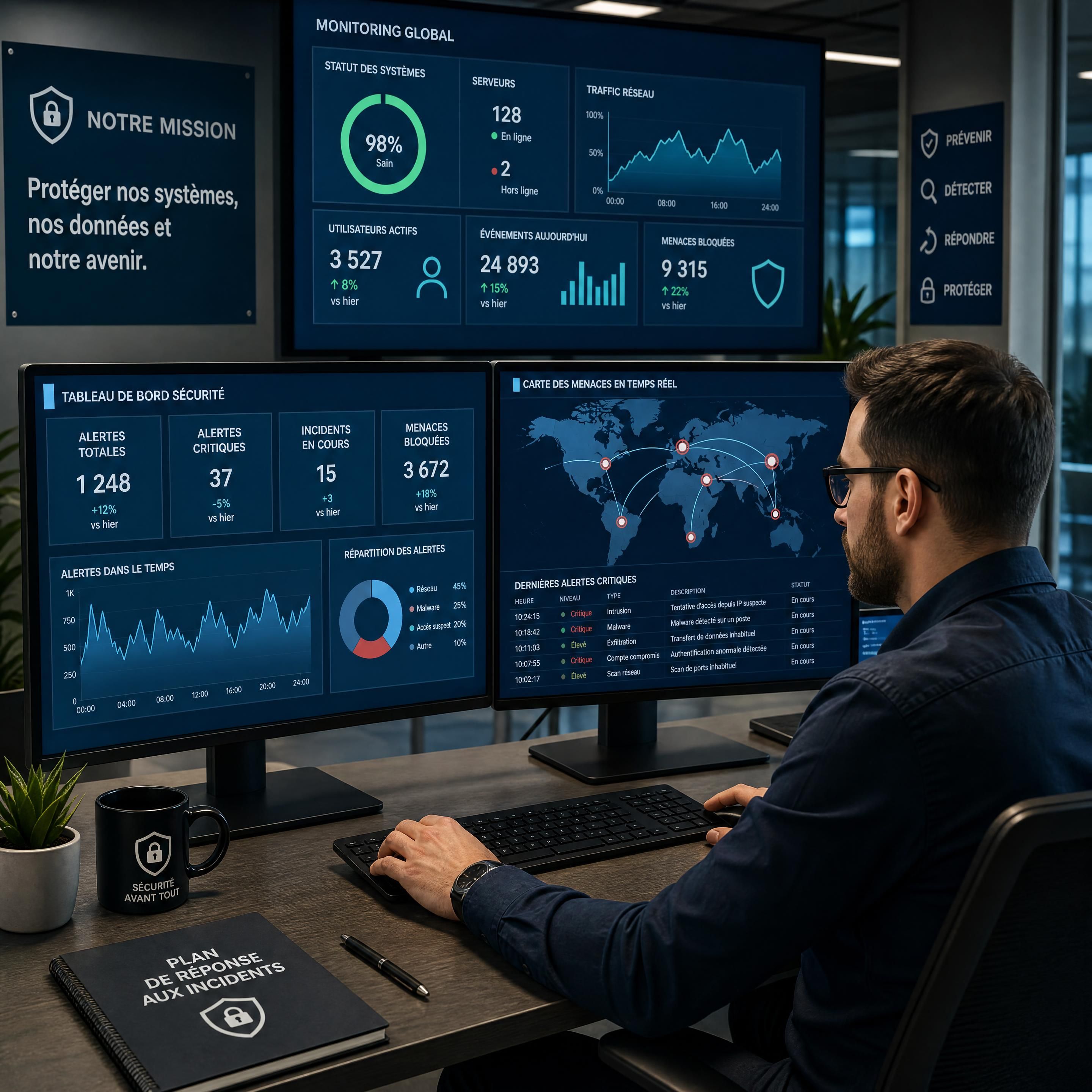 Un professionnel de la cybersécurité analysant des flux de données de sécurité sur plusieurs écrans dans un bureau moderne