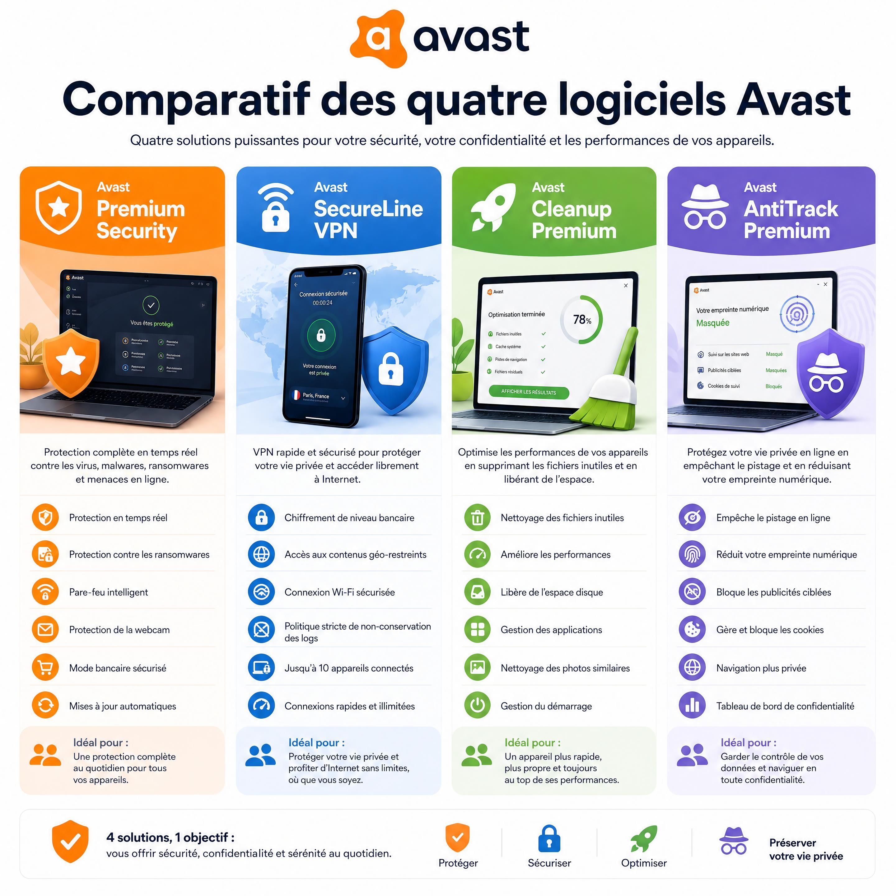 Comparatif visuel des quatre logiciels Avast Premium Security, SecureLine VPN, Cleanup Premium et AntiTrack Premium