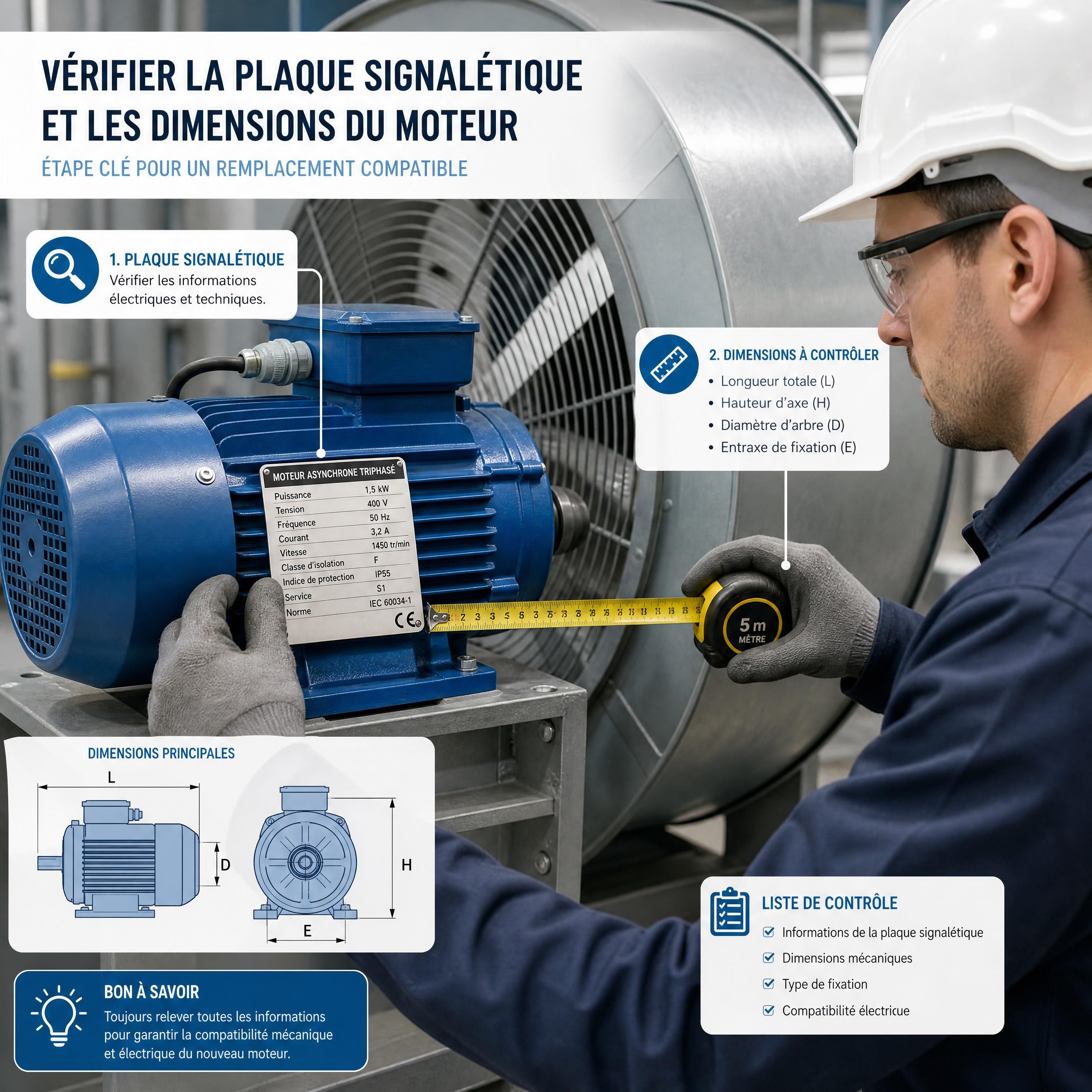 Technicien de maintenance vérifiant la plaque signalétique et les dimensions d’un moteur de ventilateur industriel