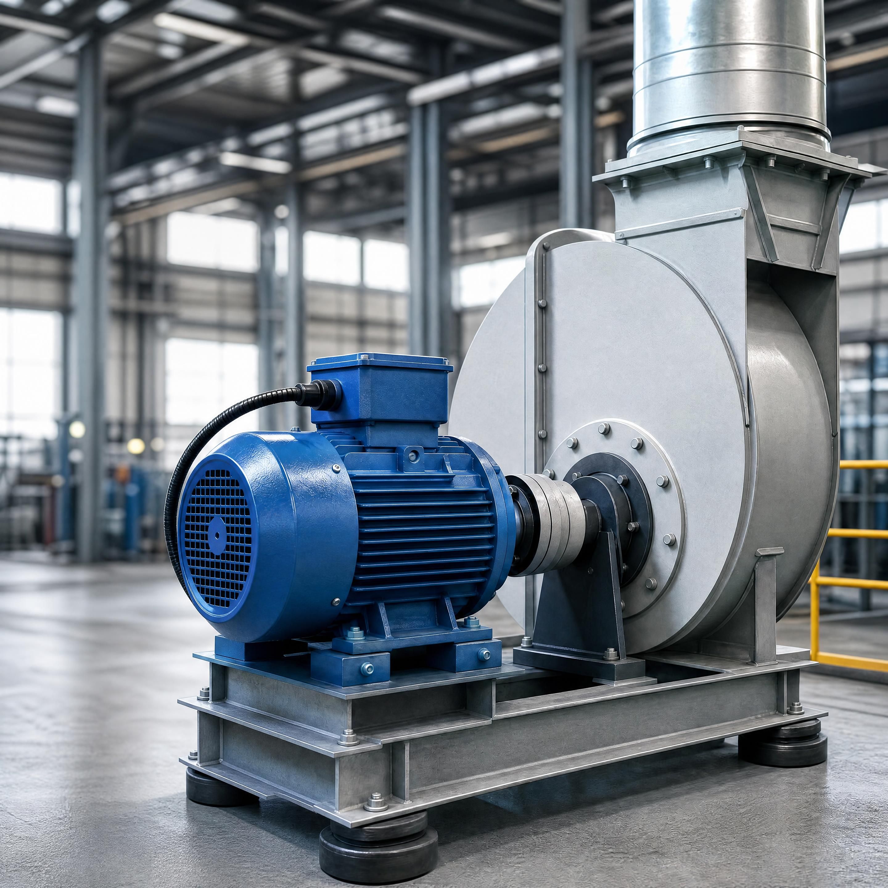 Moteur électrique industriel entraînant un ventilateur de ventilation dans une usine