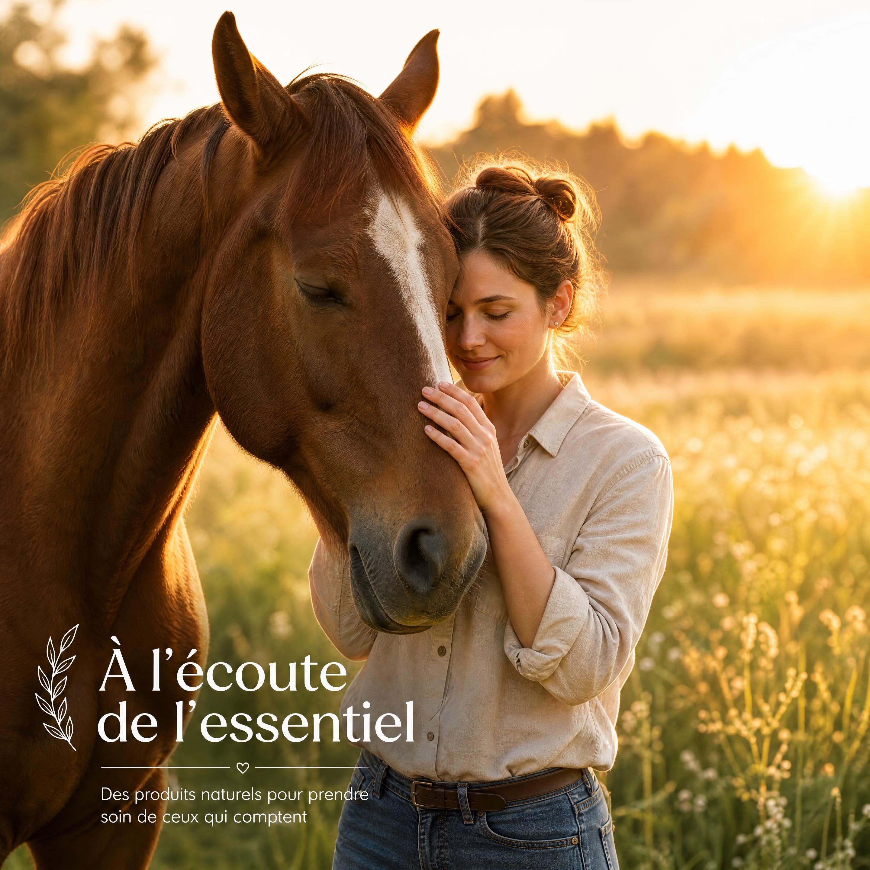 Chien ou cheval dans une interaction apaisante et complice avec son humain, en pleine nature