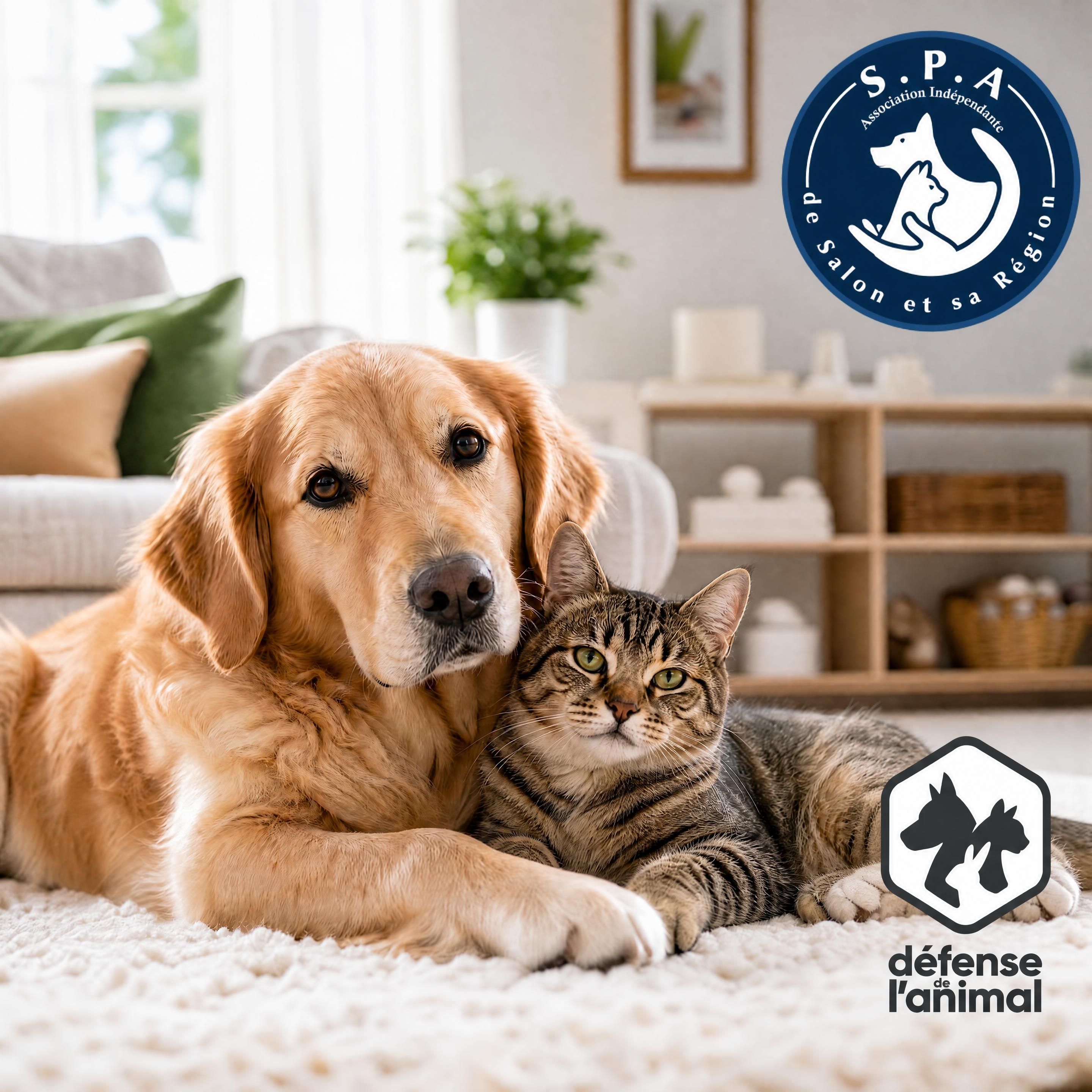 Un chien adulte et un chaton installĂ©s confortablement dans leur nouveau foyer chaleureux, avec en incrustation le logo de la S.P.A. de Salon et sa RĂ©gion et le macaron officiel Membre de la ConfĂ©dĂ©ration DĂ©fense de lâAnimal.