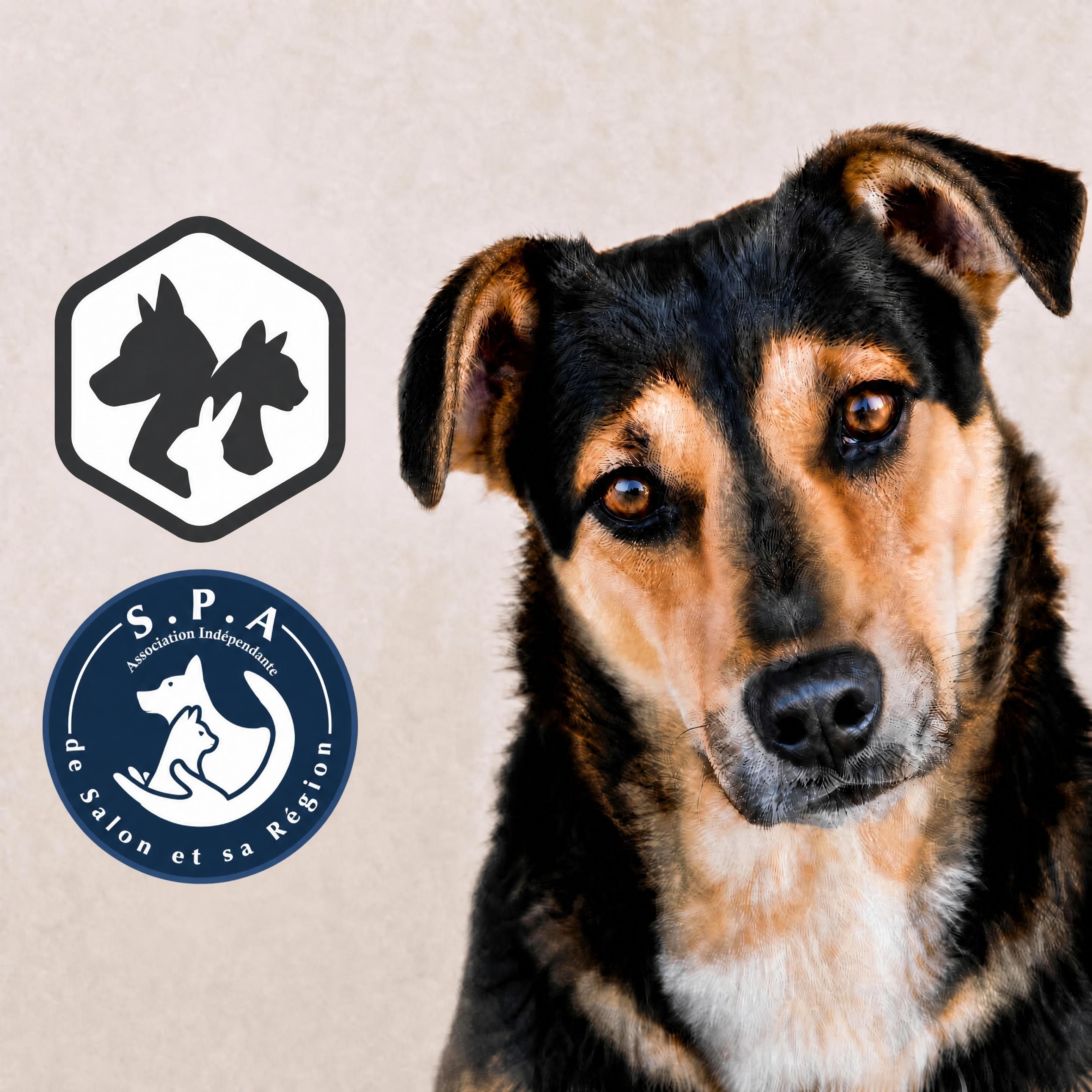 Portrait d'un chien du refuge de la SPA de Salon-de-Provence, regard direct et bienveillant, avec l'incrustation du logo officiel de la S.P.A. de Salon et sa Région et le macaron Membre de la Confédération Défense de l’Animal