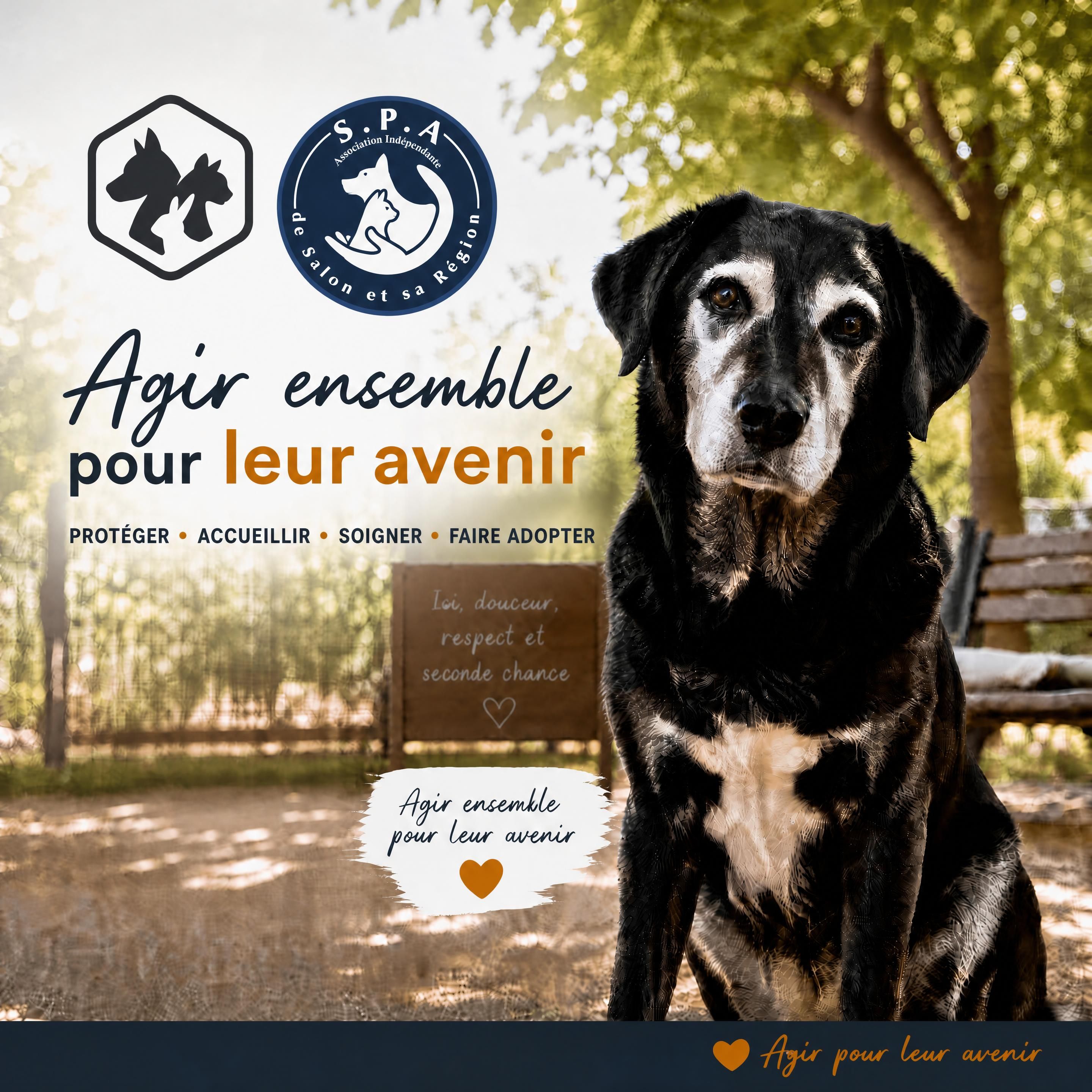 Un chien senior au regard expressif et direct, assis fièrement dans le parc de détente ombragé de la S.P.A. de Salon-de-Provence, avec le logo de l'association et le macaron Confédération Défense de l'Animal en filigrane