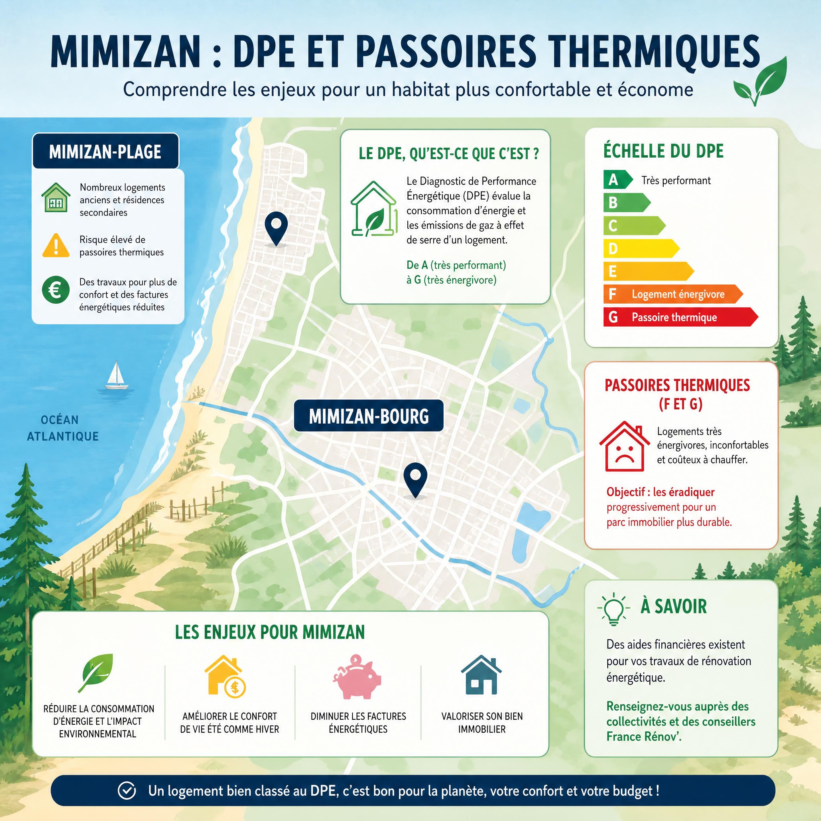 Carte de Mimizan-Bourg et Mimizan-Plage illustrant les enjeux du DPE et des passoires thermiques — secteur immobilier de Mimizan, Landes (40200) — Olivier Roussel, conseiller IAD France