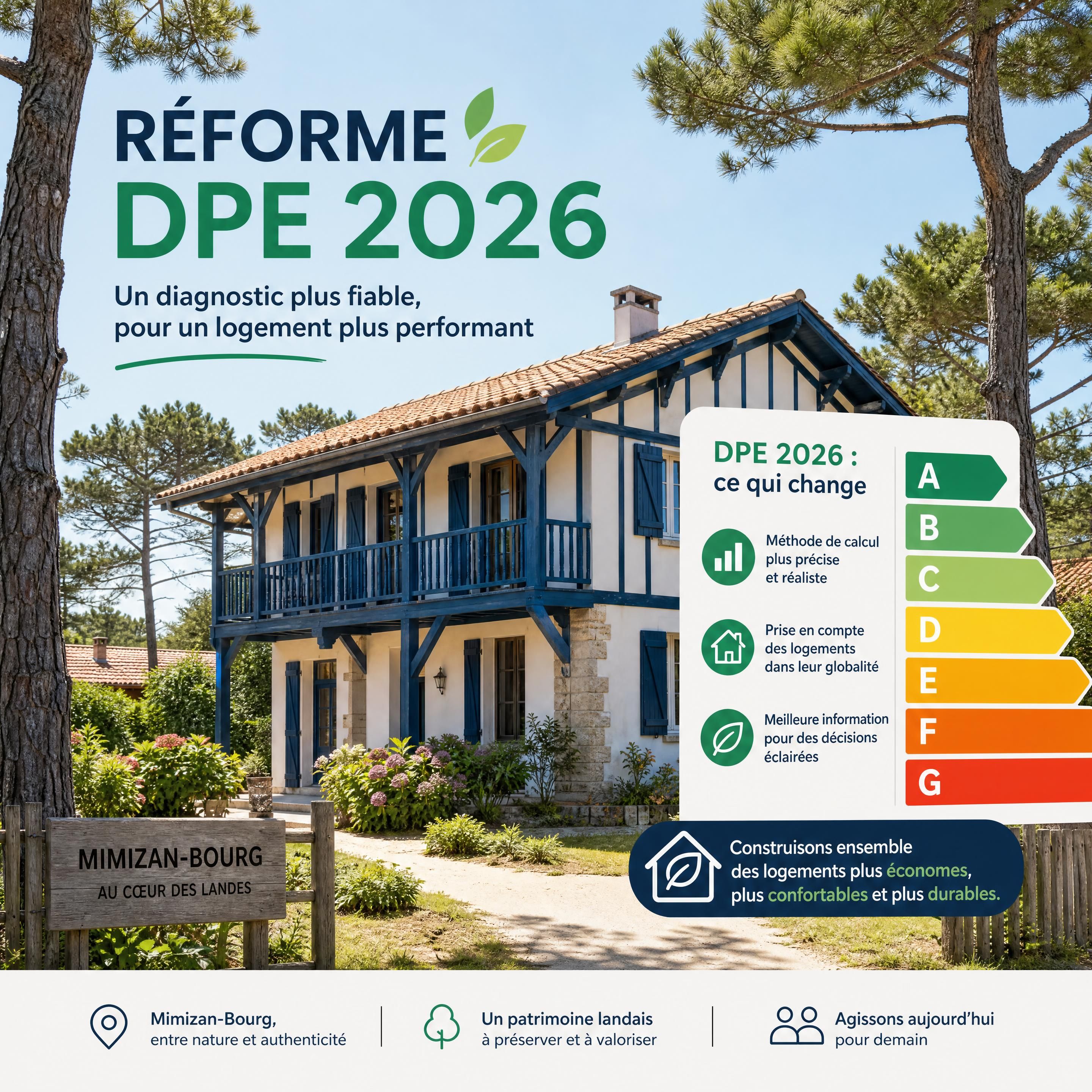 Maison landaise à Mimizan-Bourg sous les pins — illustration de la réforme DPE 2026 — Olivier Roussel, conseiller immobilier IAD France à Mimizan (Landes, 40)