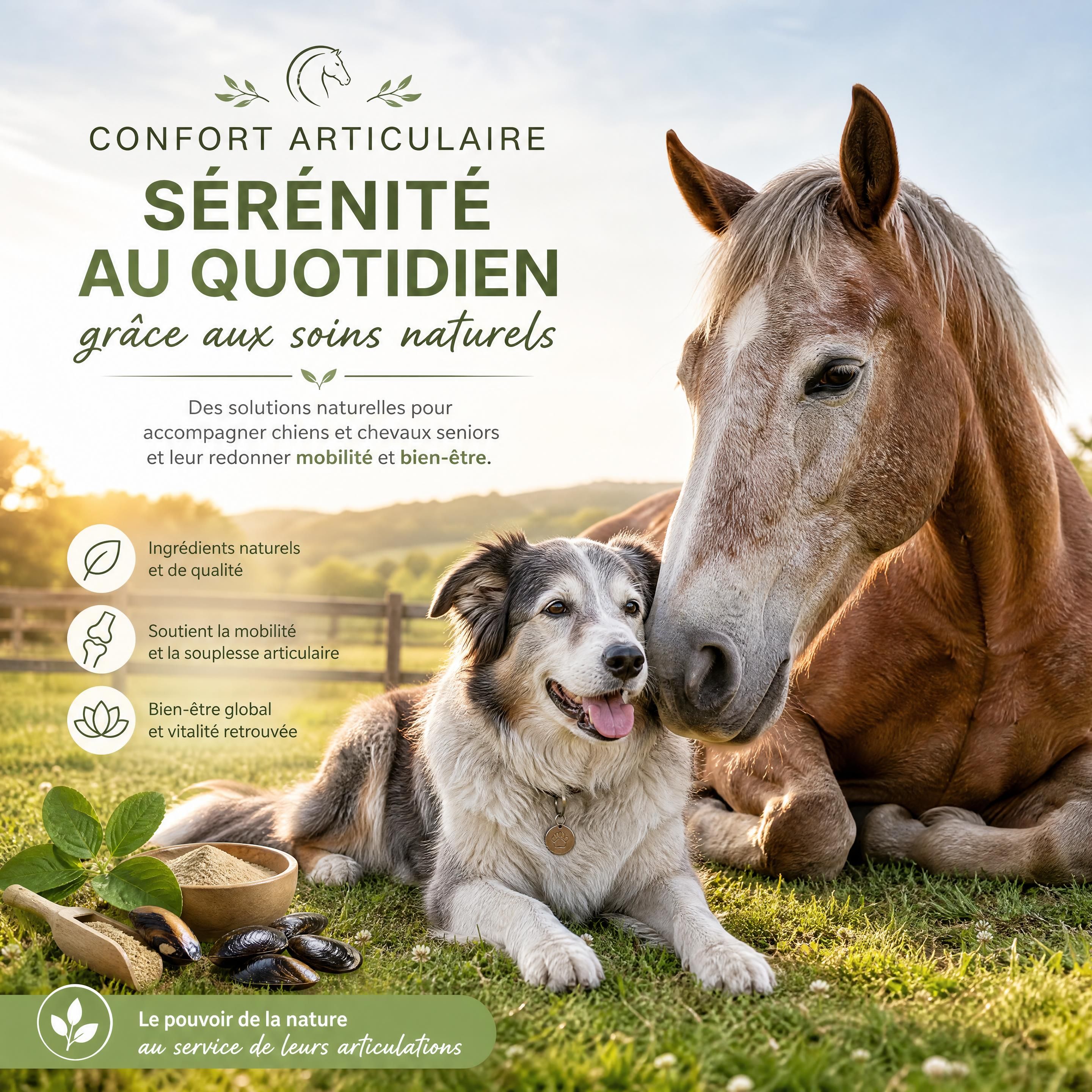 Un chien âgé et un cheval senior côte à côte dans un pré ensoleillé, illustrant la sérénité et le confort articulaire retrouvé grâce aux soins naturels