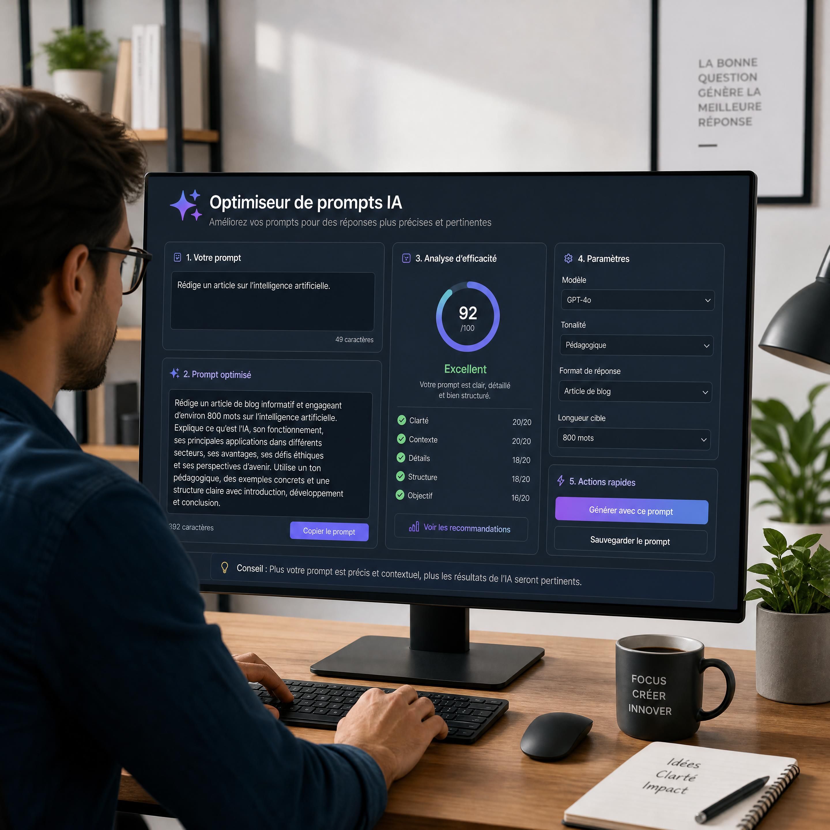 Un professionnel travaillant sur une interface d'intelligence artificielle pour optimiser des prompts
