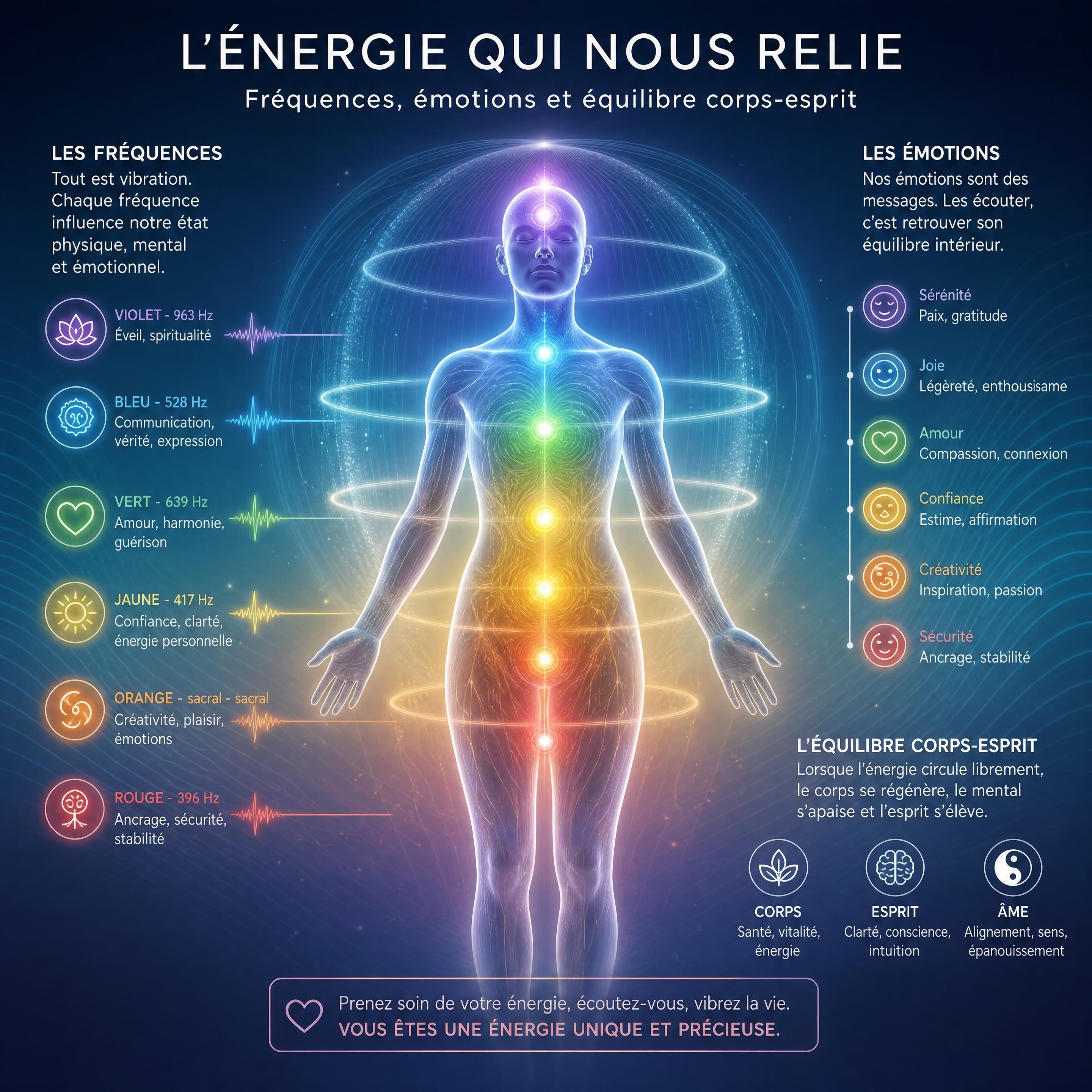 Illustration professionnelle d’un corps humain entouré de champs énergétiques, avec des ondes lumineuses symbolisant les fréquences, les émotions et l’équilibre corps-esprit