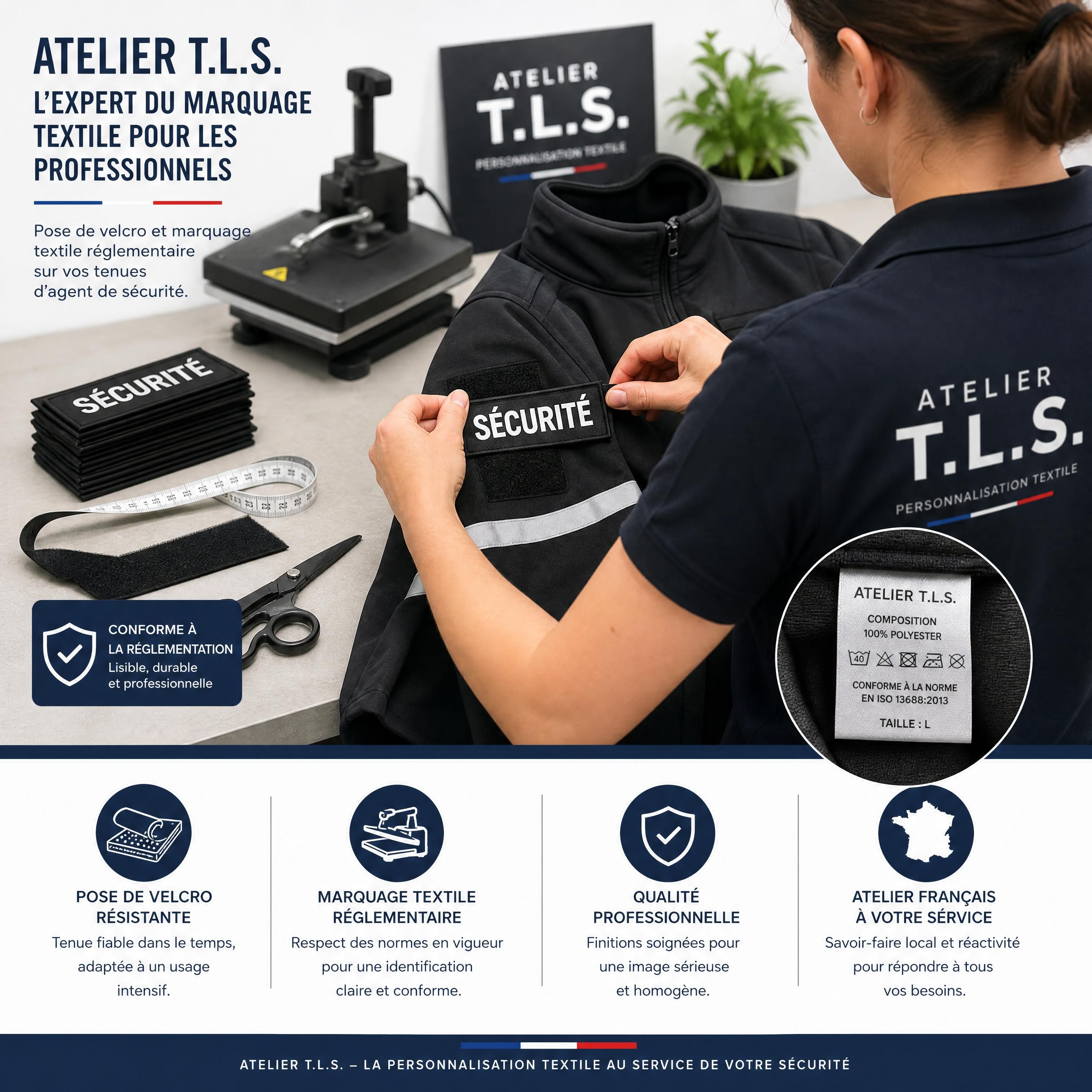 Atelier T.L.S. réalisant la pose d’un velcro et le marquage textile réglementaire sur une tenue d’agent de sécurité