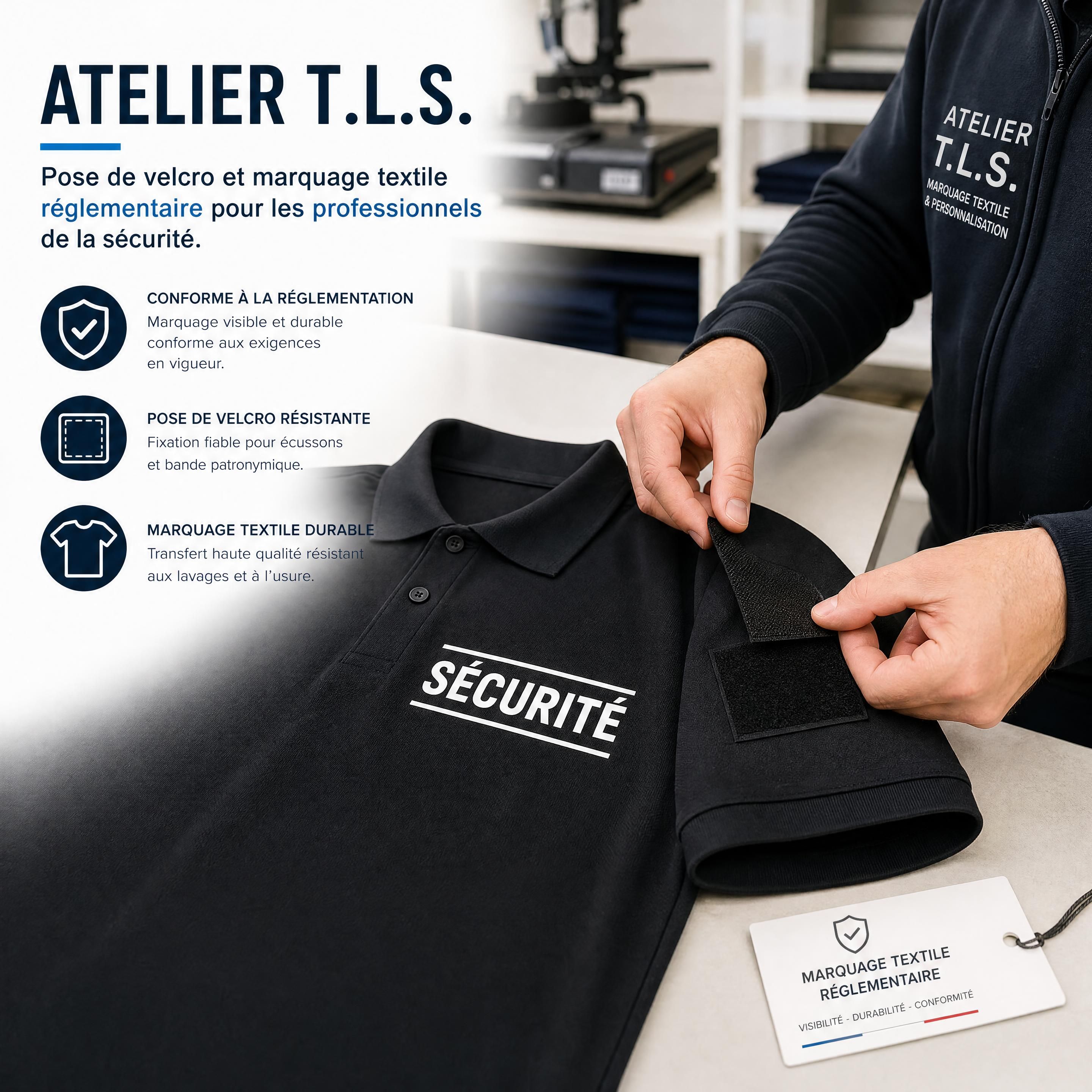 Atelier T.L.S. posant un velcro et appliquant un marquage textile réglementaire sur un polo noir d’agent de sécurité