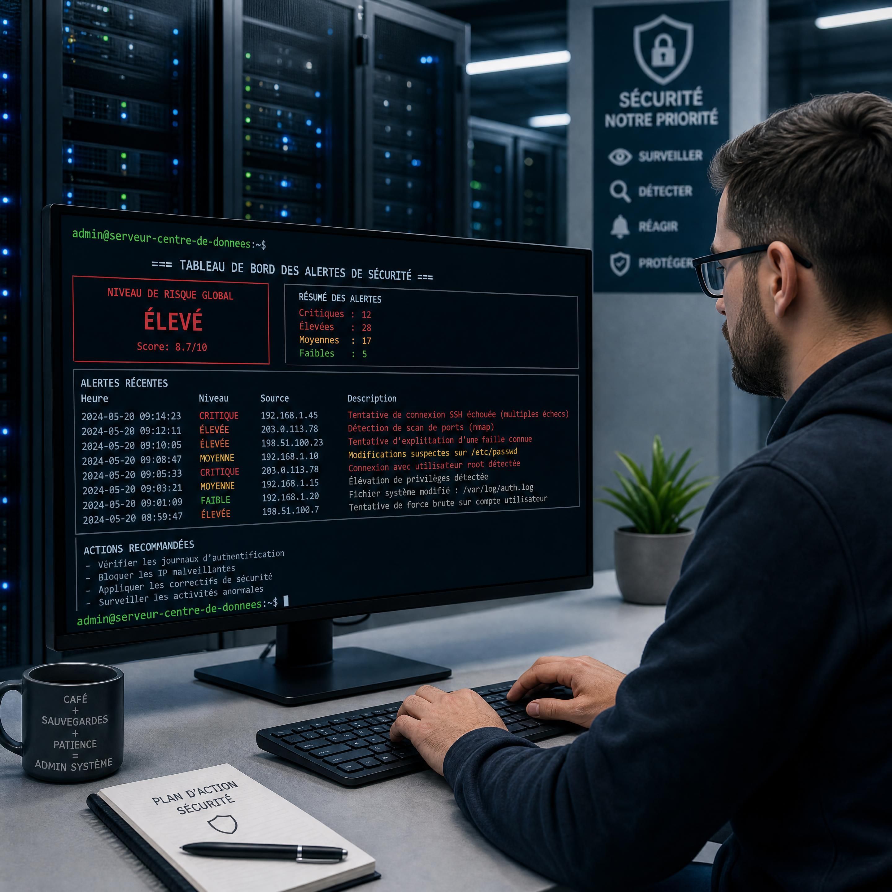 Un administrateur système analysant des alertes de sécurité sur une console de terminal Linux dans une salle de serveurs d'entreprise moderne