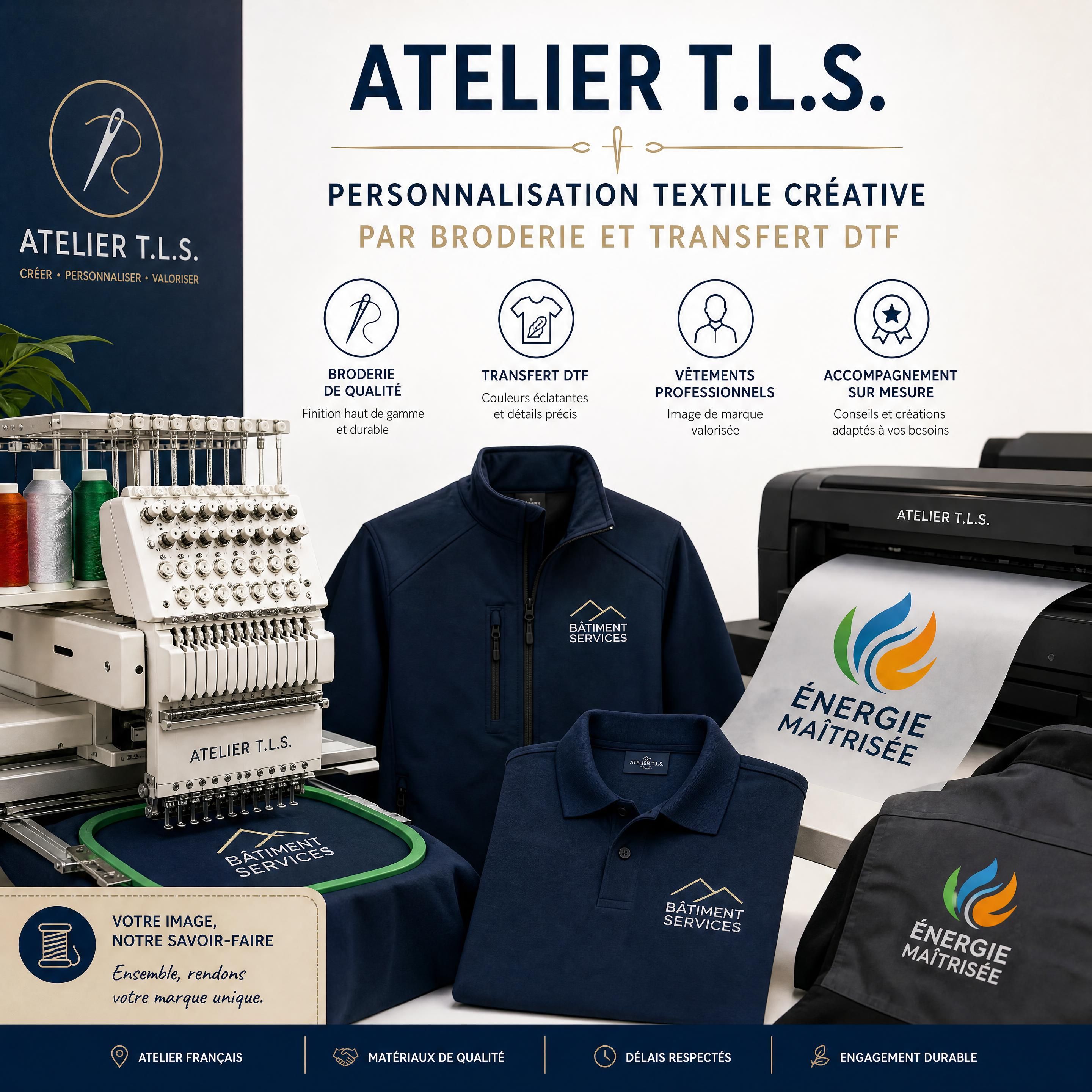 Atelier T.L.S. réalisant une personnalisation textile créative par broderie et transfert DTF sur des vêtements professionnels
