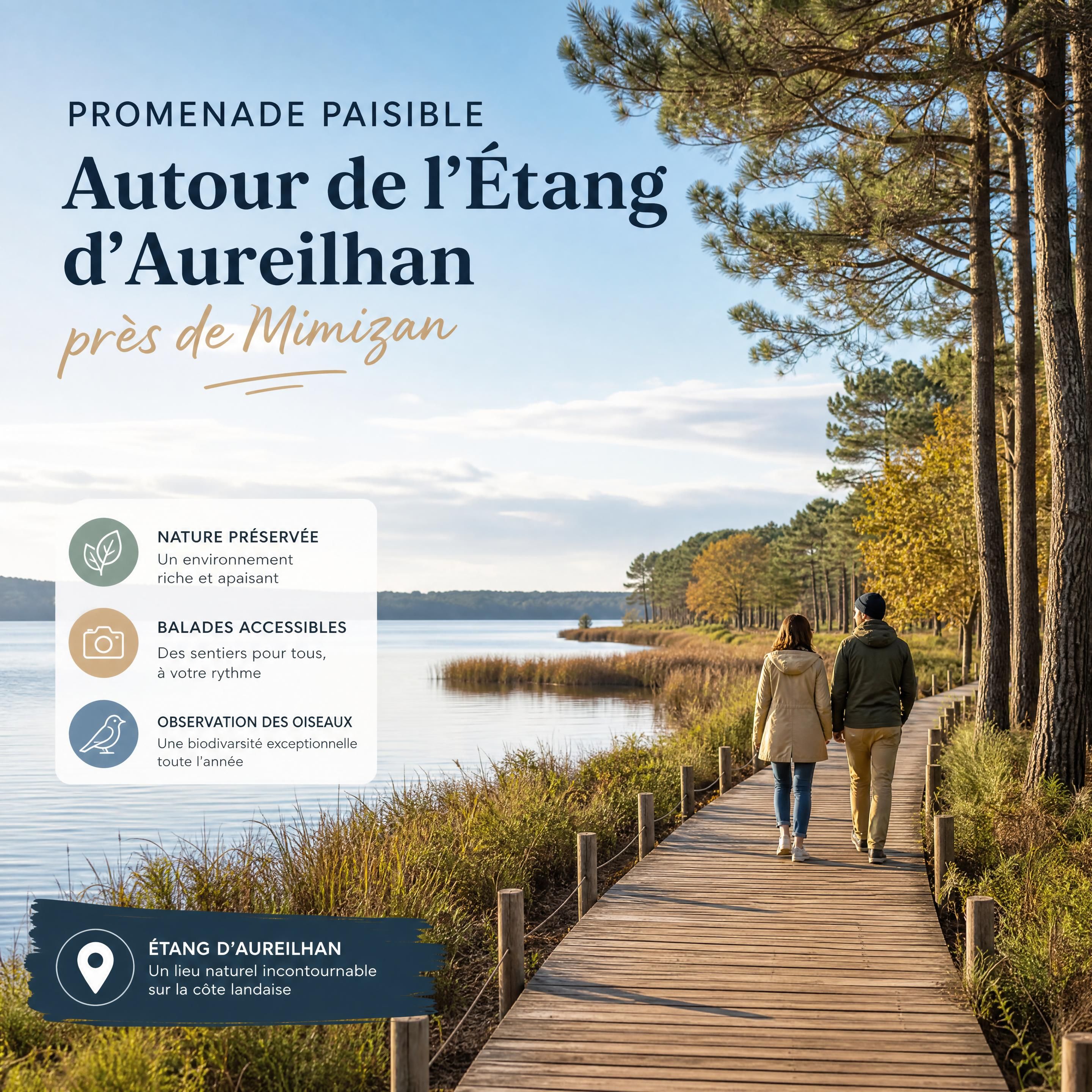Promenade paisible autour de l’Étang d’Aureilhan près de Mimizan en arrière-saison, à 5 minutes de Mimizan-Bourg (40200) — Olivier Roussel, conseiller immobilier IAD France à Mimizan (Landes, 40)