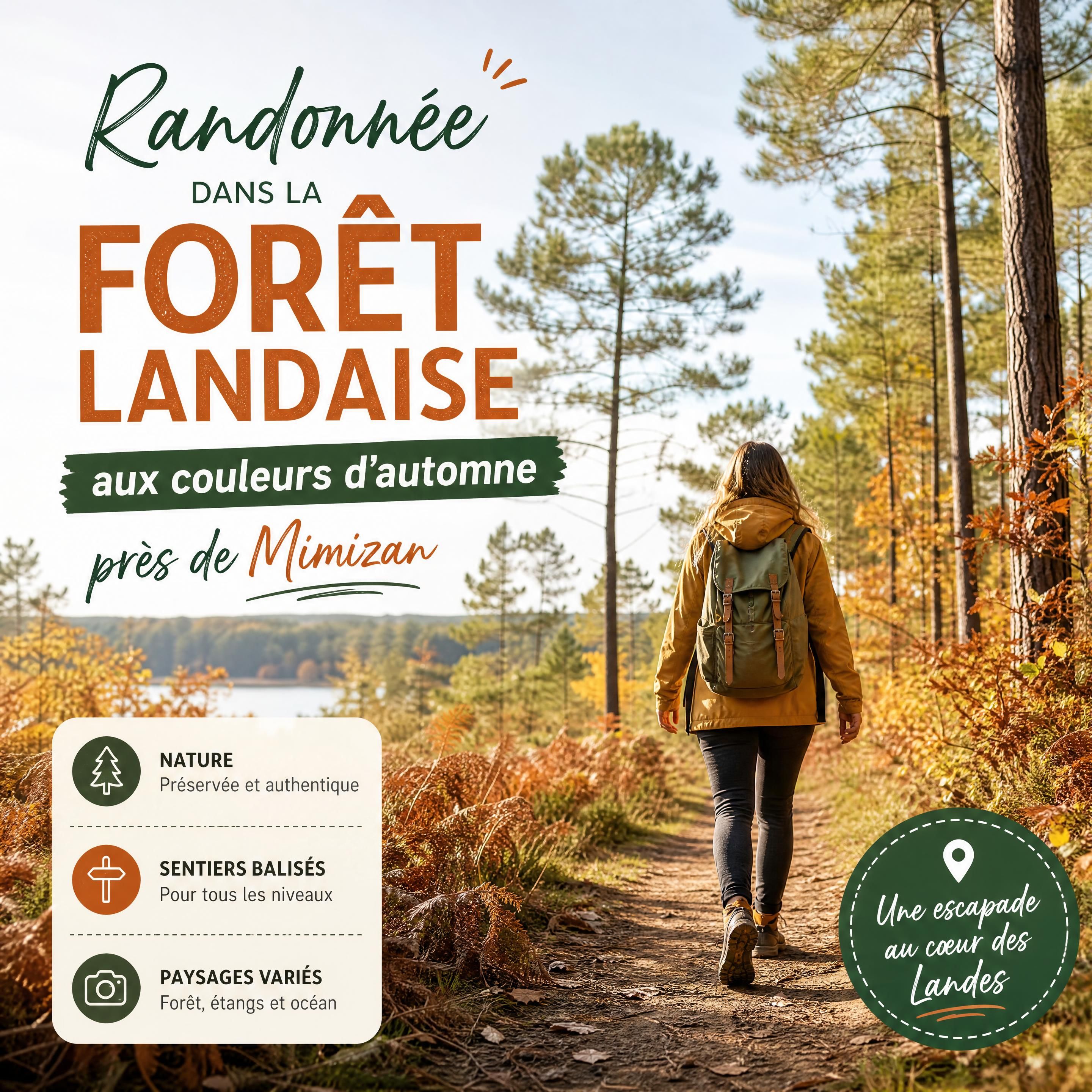 Randonnée dans la forêt landaise de pins maritimes aux couleurs d’automne près de Mimizan — Olivier Roussel, conseiller immobilier IAD France à Mimizan (Landes, 40)
