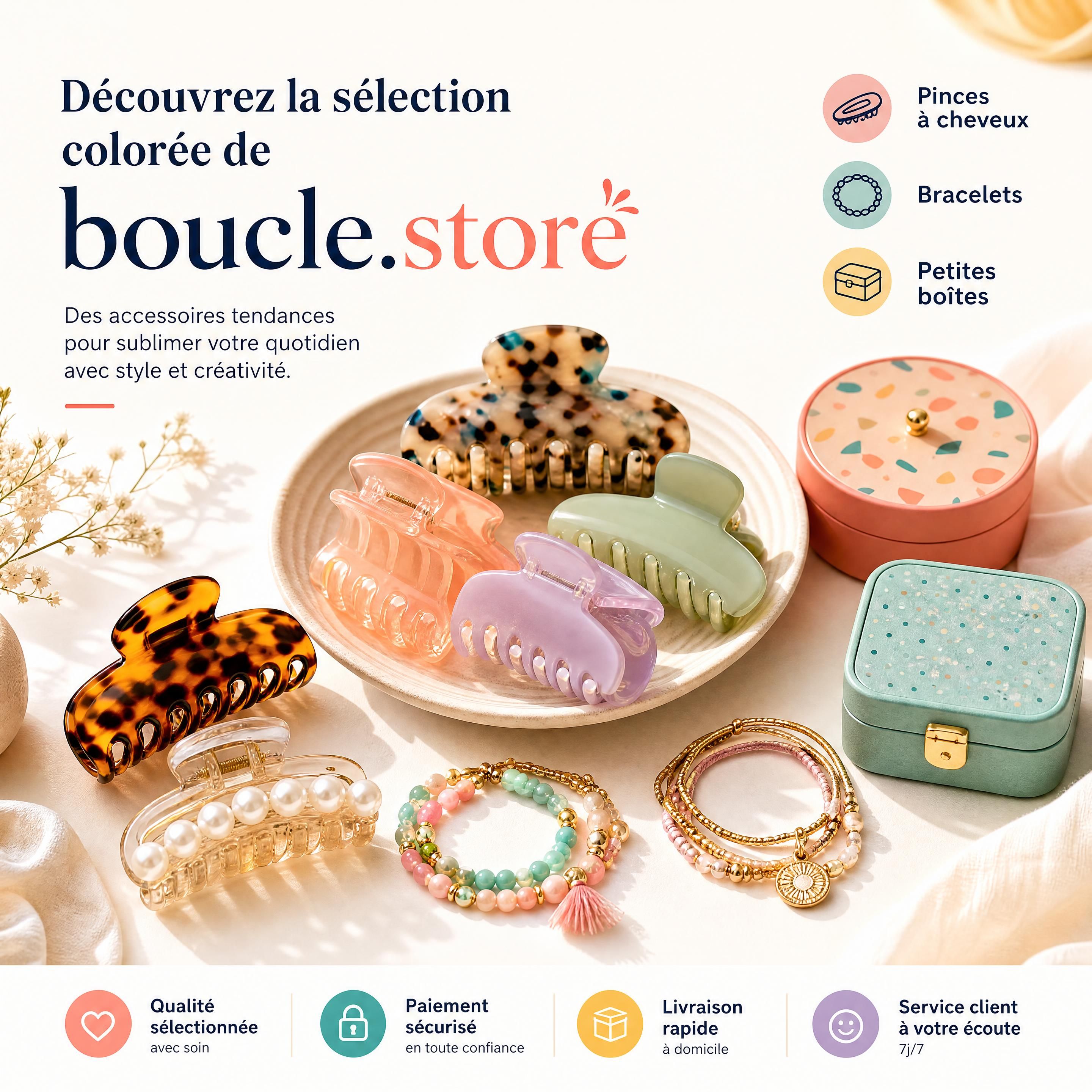 sélection d’accessoires colorés boucle.store composée de pinces à cheveux, bracelets et petites boîtes sur un fond lumineux