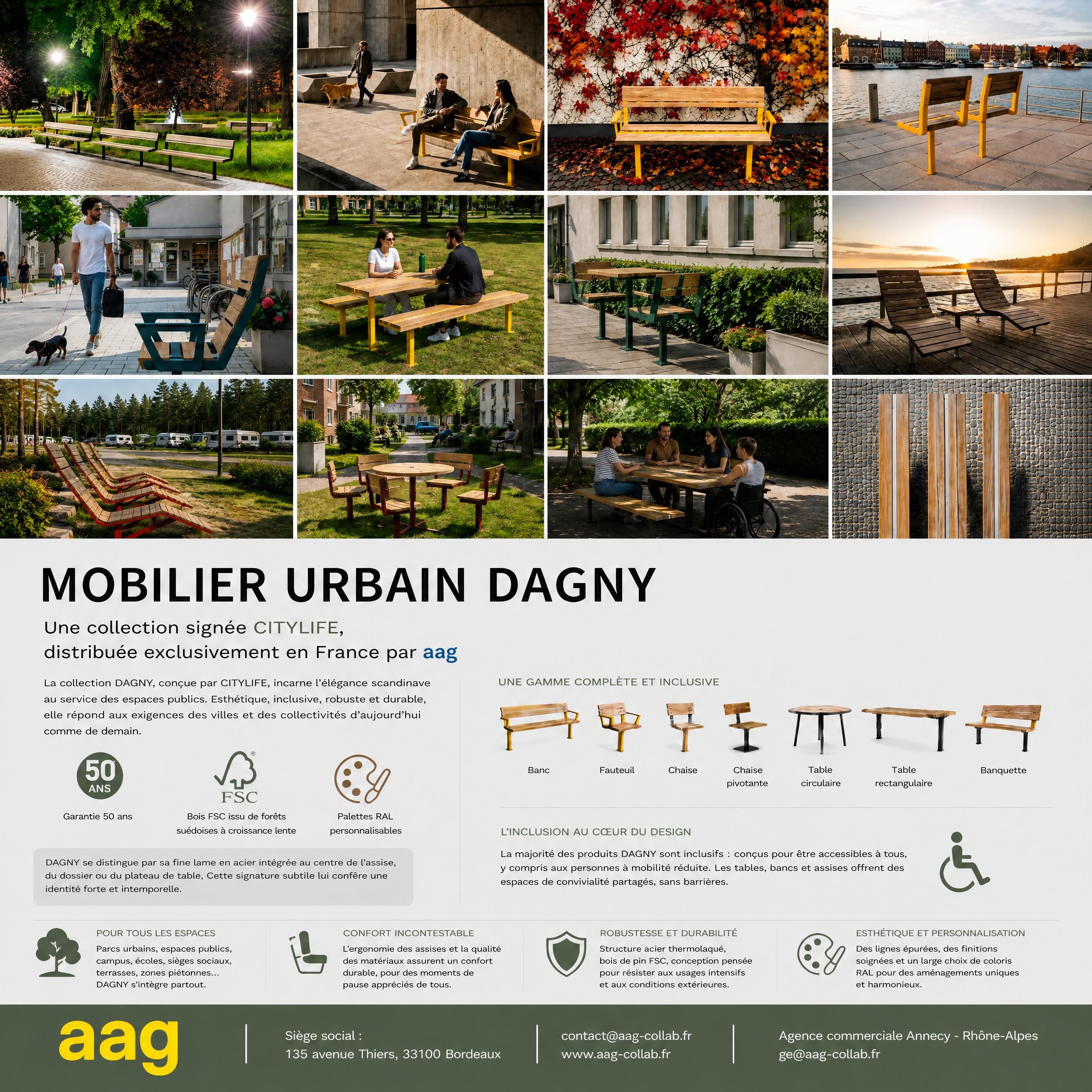 Collection de mobilier urbain DAGNY de Citylife, présentée en entier et sans modification, avec bancs, fauteuils, chaises et tables