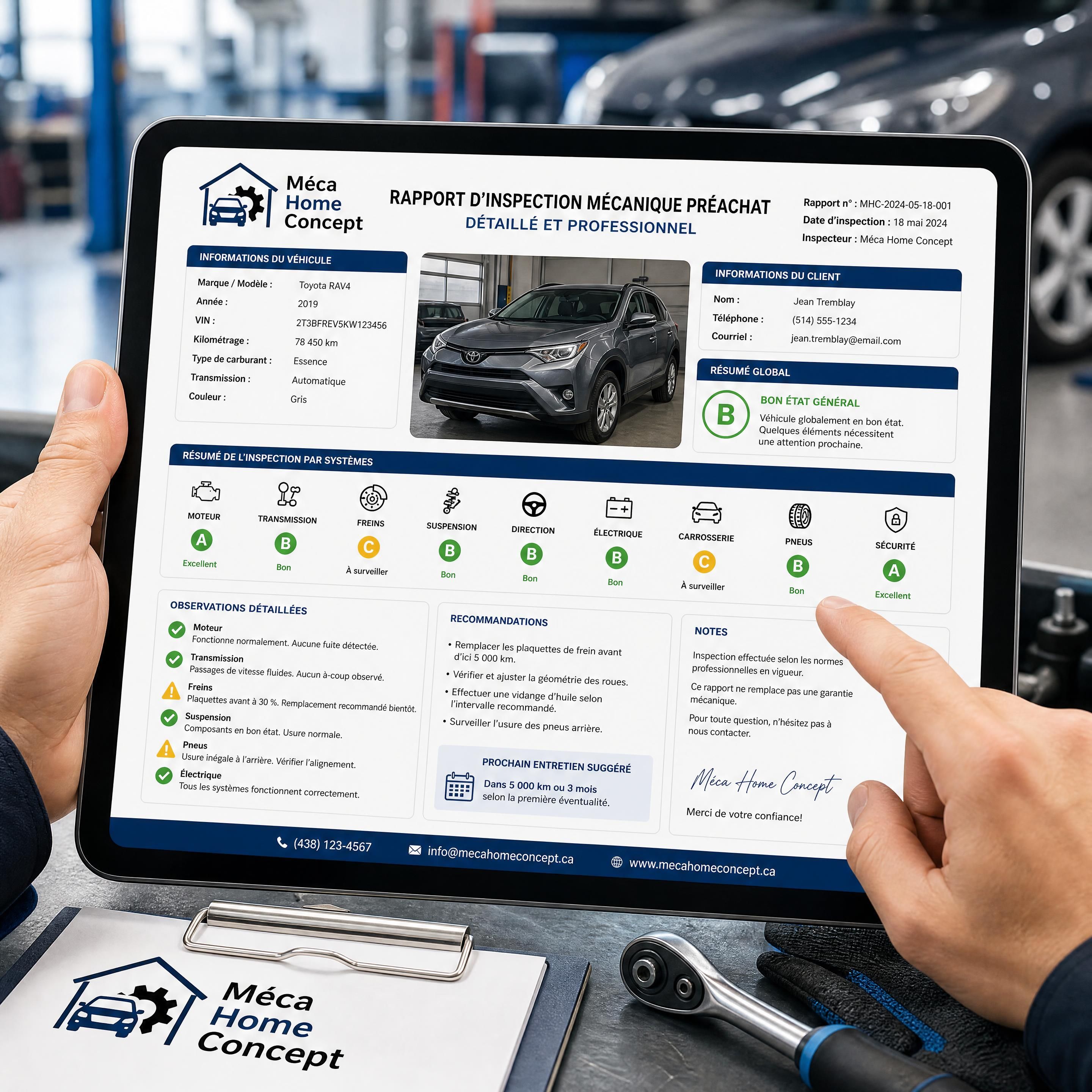 Rapport d'inspection mécanique préachat détaillé de Méca Home Concept sur une tablette numérique