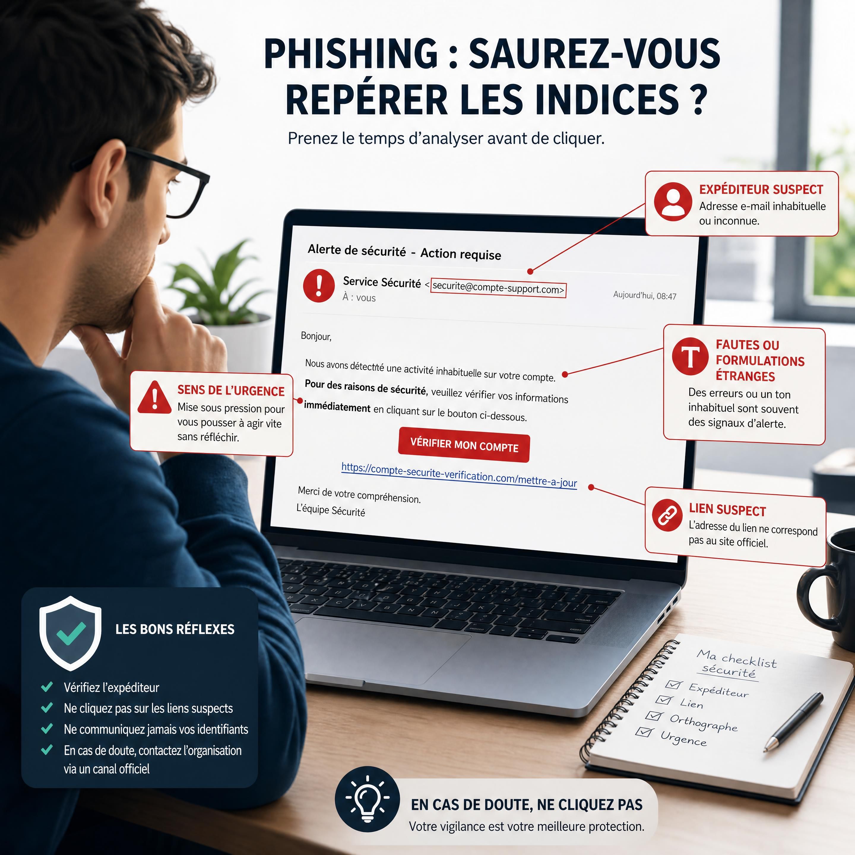 Un internaute vigilant examine un message suspect sur son ordinateur, mettant en évidence les indices d'une tentative de phishing