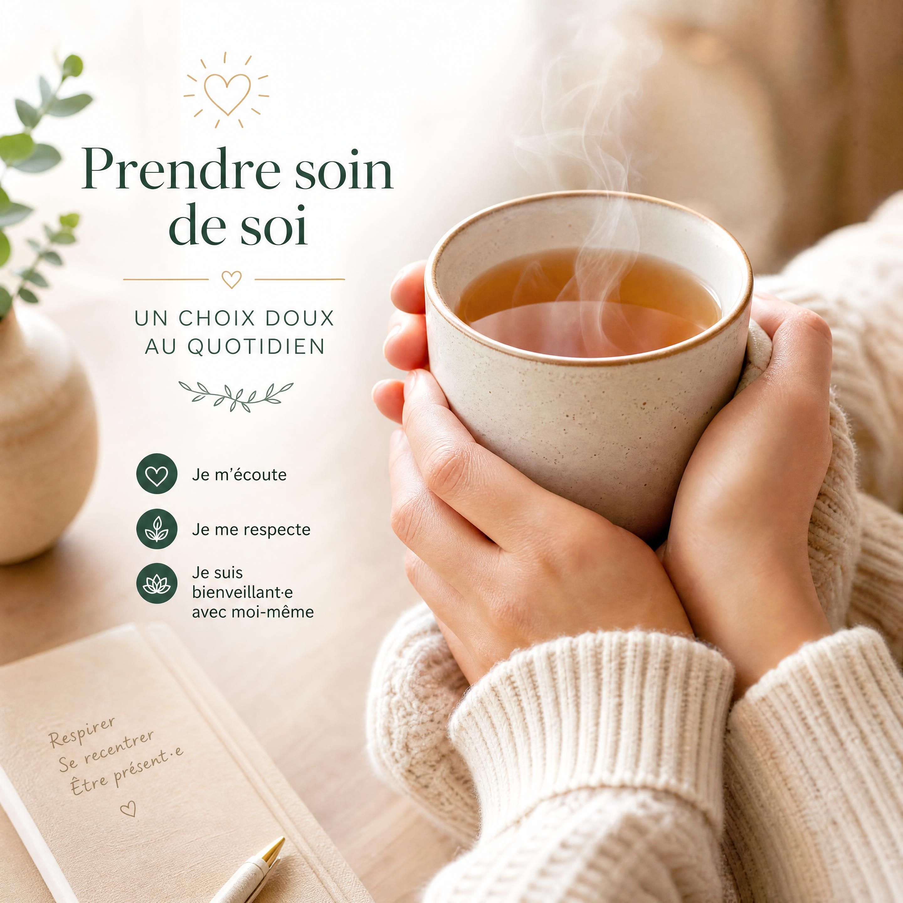 Mains tenant une tasse de thé bien chaude, illustrant un moment d'auto-compassion et de présence à soi pour s'affranchir de la culpabilité.