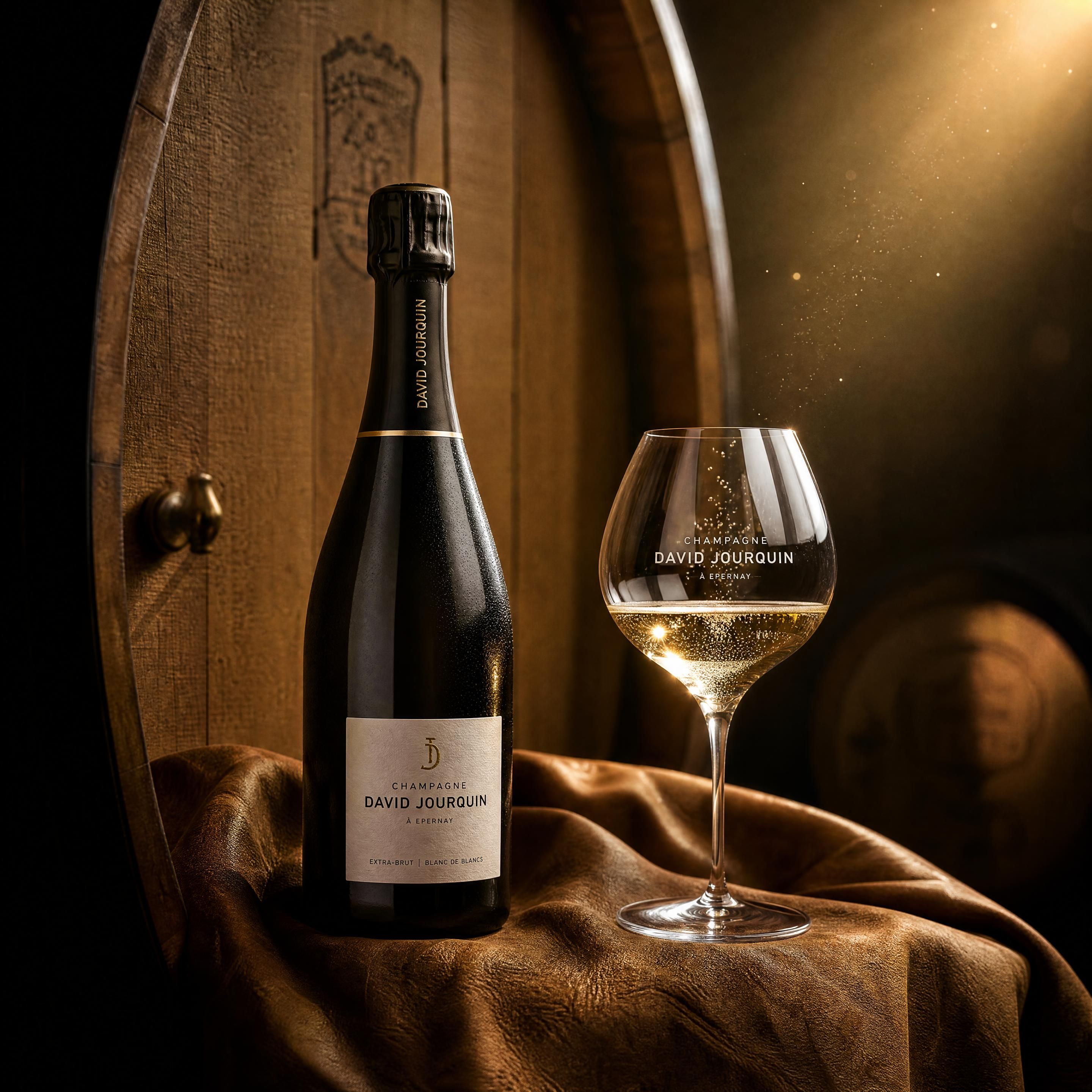 Un flacon de Champagne David Jourquin délicatement posé sur un drap de cuir patiné dans la pénombre d'un foudre de chêne, tandis qu'un verre ballon à proximité laisse échapper des bulles d'une finesse extrême sous un rayon de lumière dorée de fin d'été