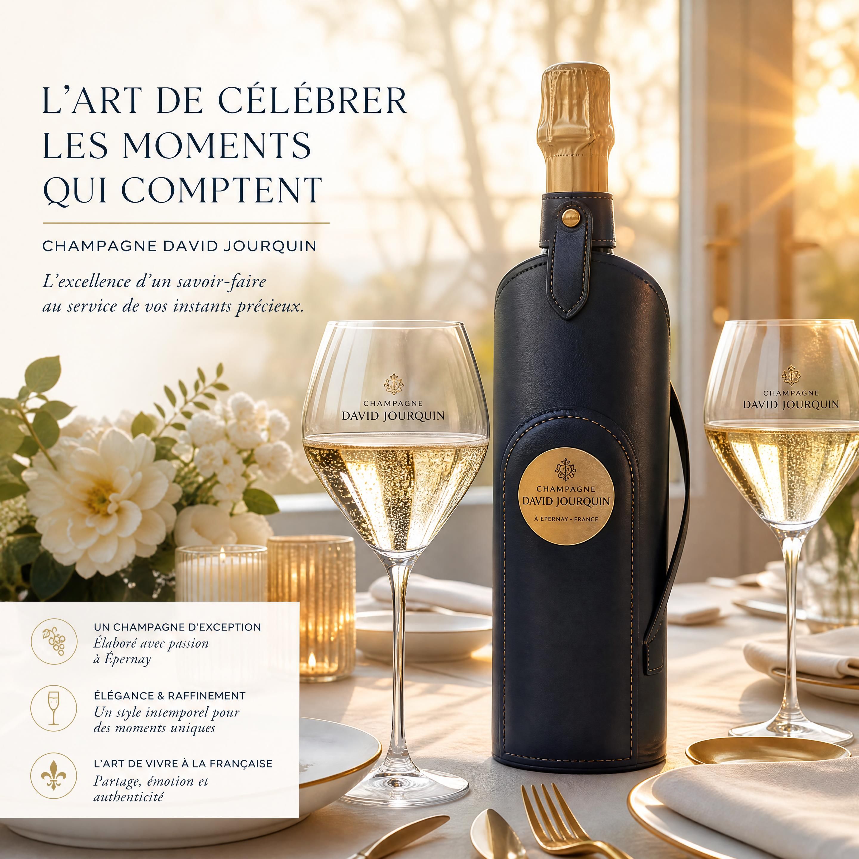 Une table de fête épurée sous une lumière dorée de fin d'après-midi, ornée de verres à ballon révélant les bulles fines d'une cuvée de Champagne David Jourquin à côté d'un flacon gainé de cuir noble, évoquant le luxe discret et l'art de vivre à la française.