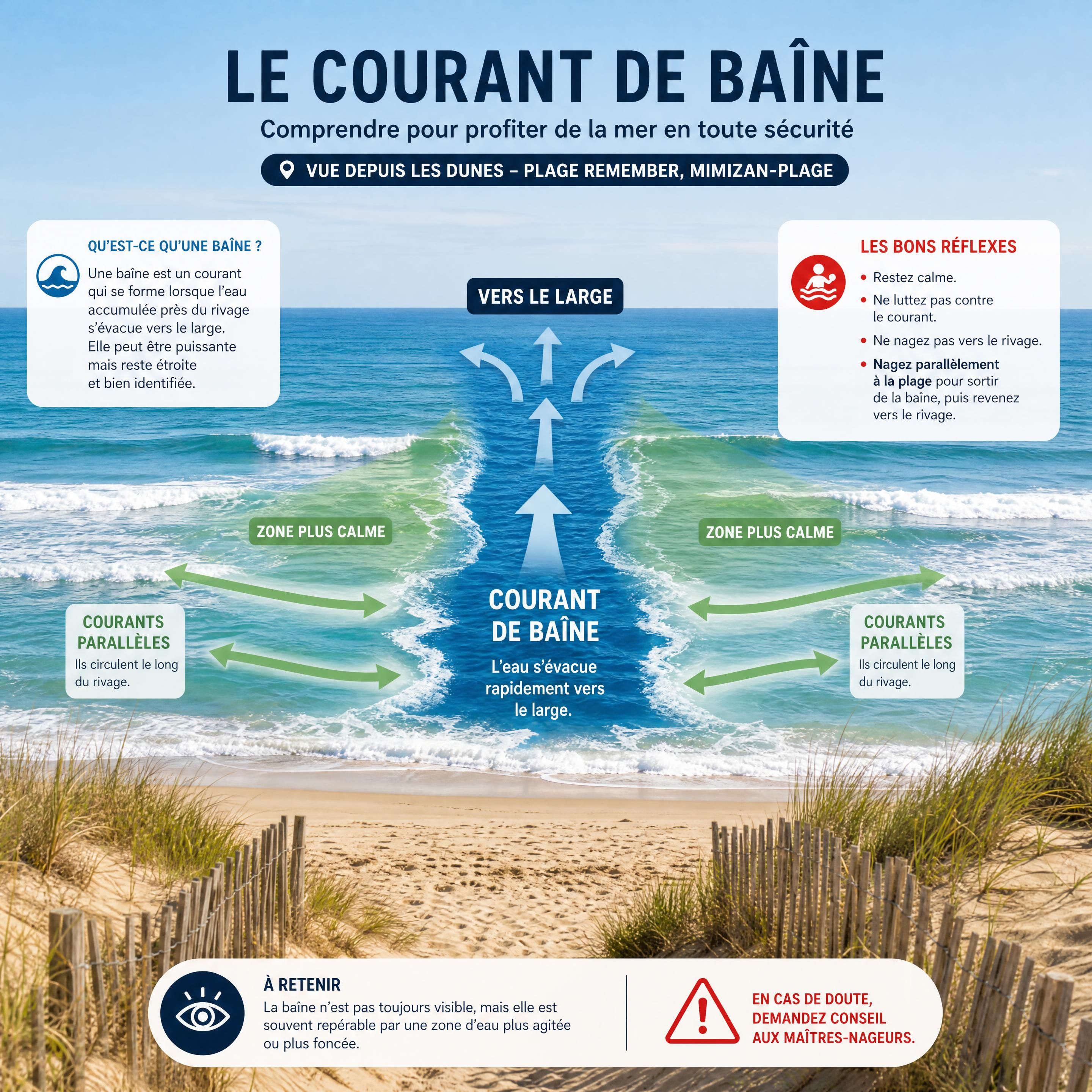 Schéma explicatif du courant de baïne visible depuis les dunes de la Plage Remember — Mimizan-Plage (Landes, 40200) — Olivier Roussel, conseiller immobilier IAD France à Mimizan (Landes, 40)