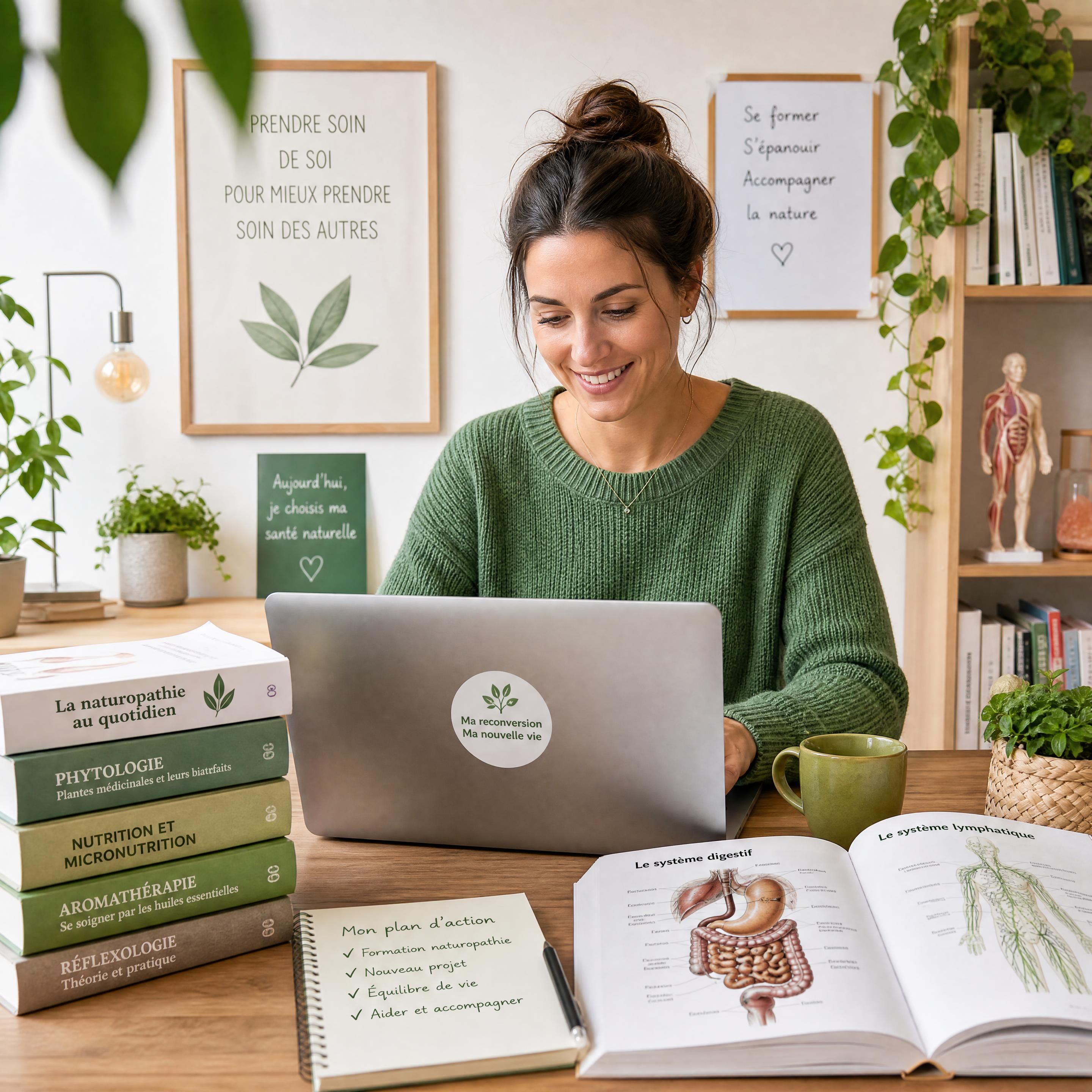 Une femme en reconversion professionnelle souriante qui étudie la naturopathie sur son ordinateur portable depuis chez elle, entourée de livres d'anatomie et de plantes